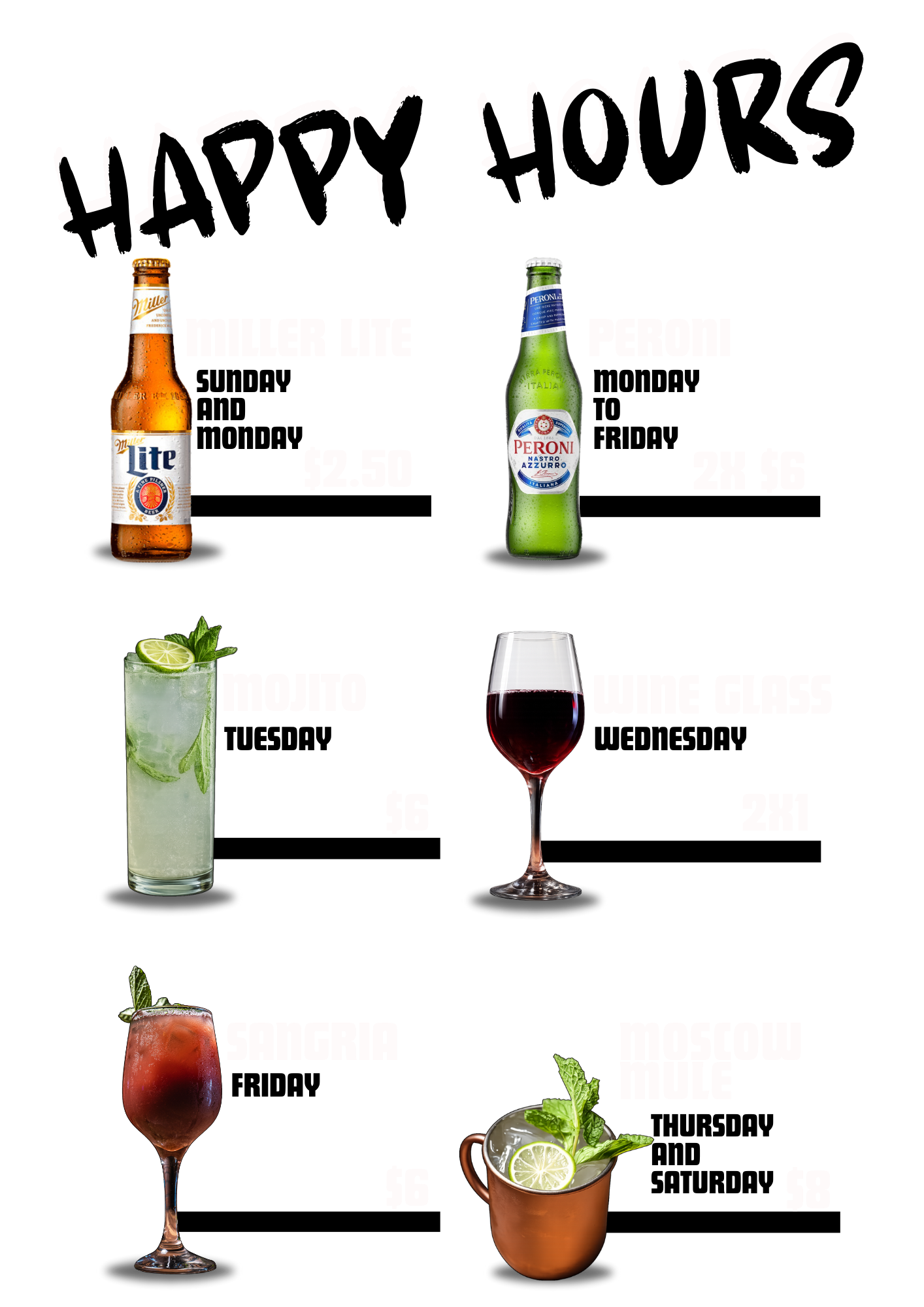 A black background promotional menu for happy hour featuring alcohol and cocktail specials with images of each drink: Miller Lite beer, Peroni beer, mojito, wine glass, sangria, and Moscow mule. Prices are displayed next to each drink.