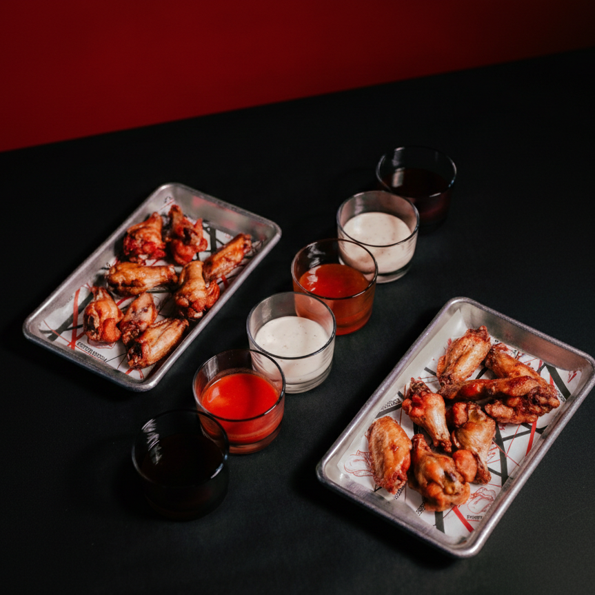 Two metal trays of chicken wings with five glasses of sauces arranged in between on a dark surface.