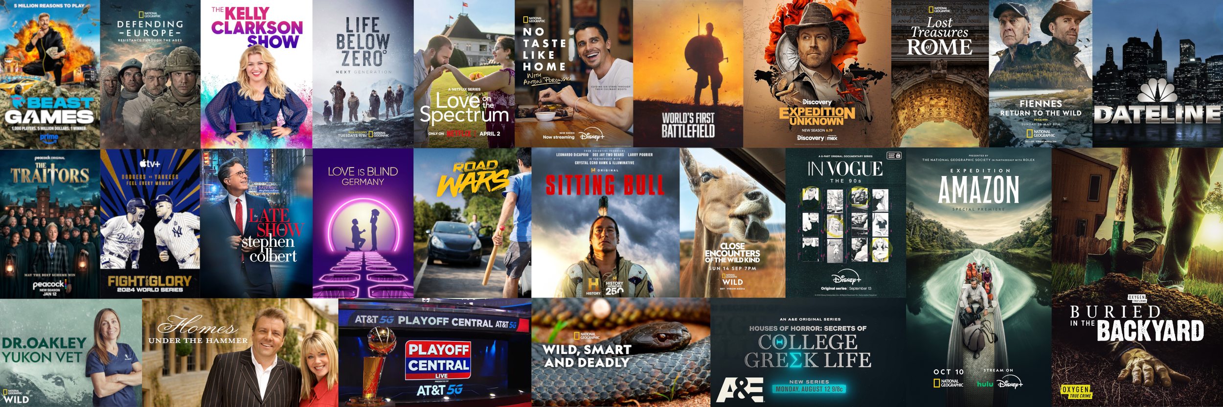 Collection of TV show posters and documentary covers, including 'Beast Games,' 'Defending Europe,' 'Kelly Clarkson Show,' 'Life Below Zero,' 'Love on Spectrum,' 'No Taste Like Home,' 'World's First Battlefield,' 'Expedition Unknown,' 'Dateline,' 'The Traitors,' 'Late Show Stephen Colbert,' 'Love is Blind Germany,' 'Road Wars,' 'Sitting Bull,' 'Vogue,' 'Expedition Amazon,' 'Buried in the Backyard,' 'Houses of Horror,' 'College Grew Up Life,' 'Homes Under the Hammer,' 'Playoff Central,' 'Wild, Smart and Deadly,' and others from National Geographic, Discovery, Netflix, Disney, A+E, and Hulu.