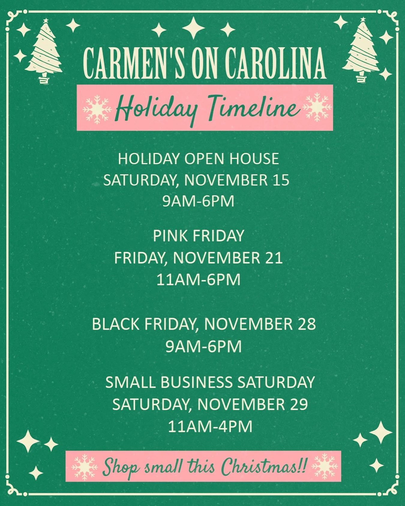 🎄✨ 𝗝𝘂𝘀𝘁 𝟰𝟰 𝗱𝗮𝘆𝘀 𝘂𝗻𝘁𝗶𝗹 𝗖𝗵𝗿𝗶𝘀𝘁𝗺𝗮𝘀 - 𝘁𝗵𝗮𝘁&rsquo;𝘀 𝗷𝘂𝘀𝘁 𝗮 𝗹𝗶𝘁𝘁𝗹𝗲 𝗼𝘃𝗲𝗿 𝗮 𝗺𝗼𝗻𝘁𝗵!! ✨🎄⁣
⁣
Get into the holiday spirit at Carmen&rsquo;s on Carolina!⁣
🎁 Check out our Holiday Timeline full of festive shoppi