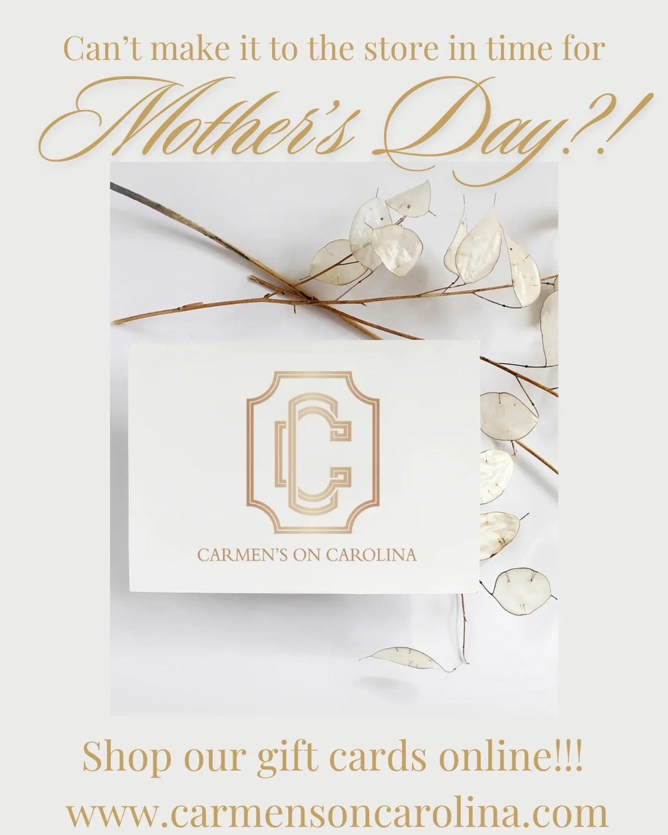 Forgot Mother&rsquo;s Day was THIS Sunday? 👀Don&rsquo;t panic&hellip; we wrapped the perfect gift already. ✨💌

Send Mom a little shopping spree straight from your couch with a Carmen&rsquo;s on Carolina gift card! Because flowers fade&hellip; but b