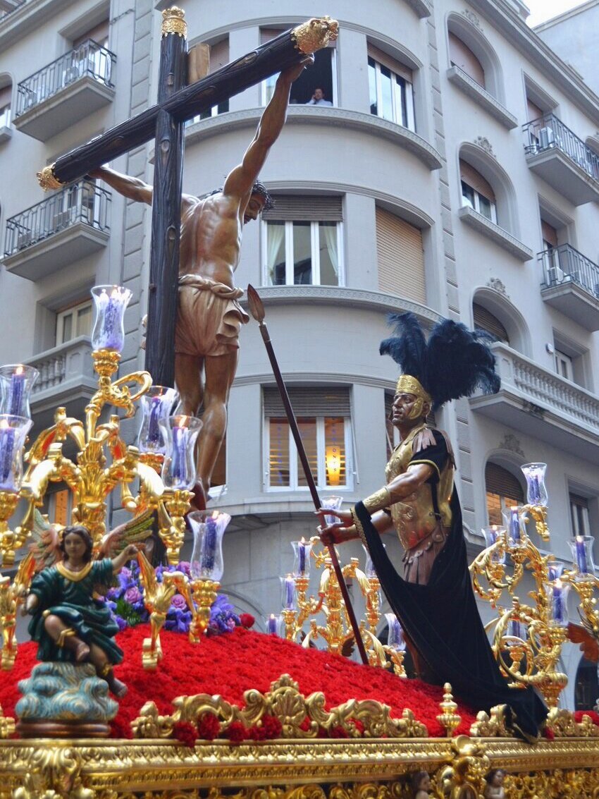 Throne representation of Roman soldier Longinos piercing Jesus once on the cross (parade on Holy Tuesday)