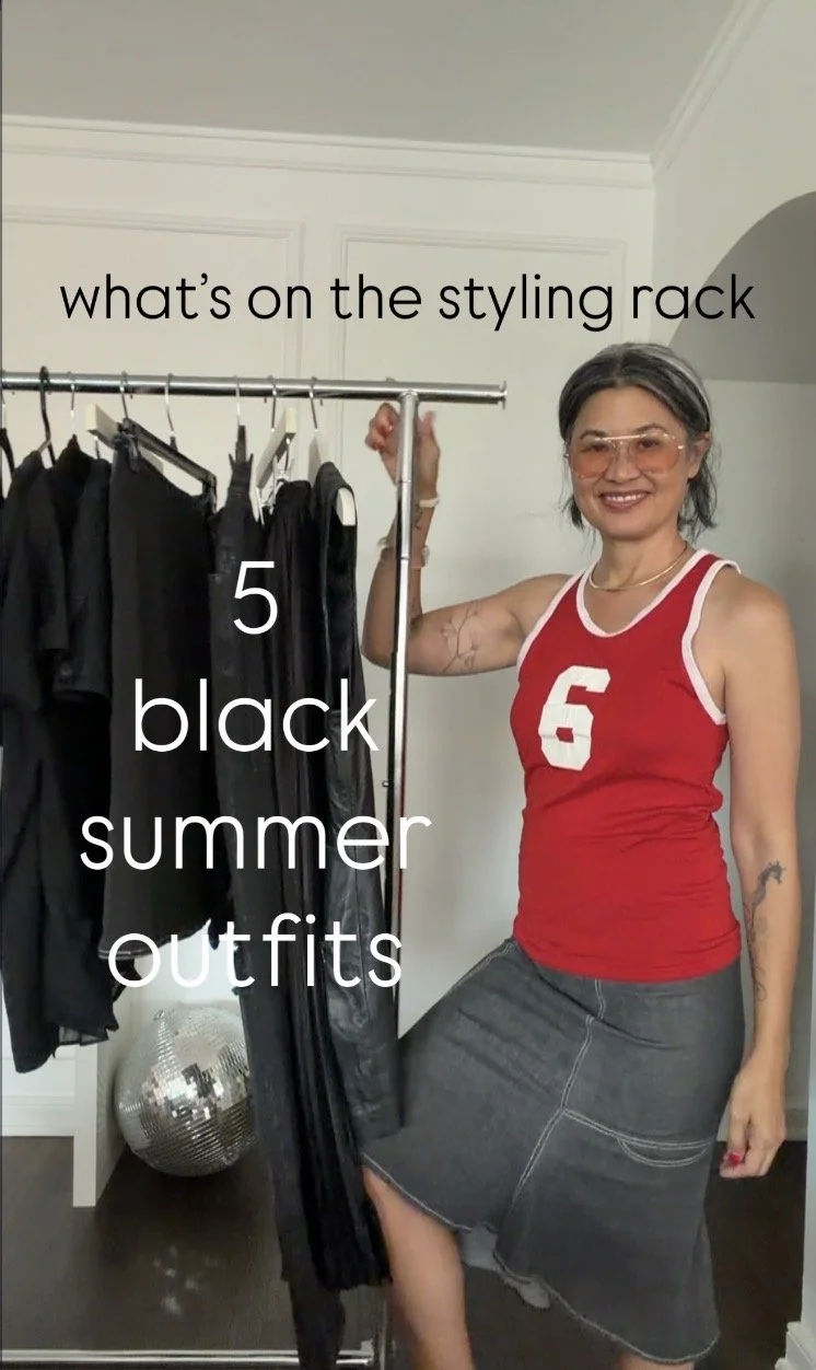 Styling rack featuring five black summer outfits for personal style inspiration.