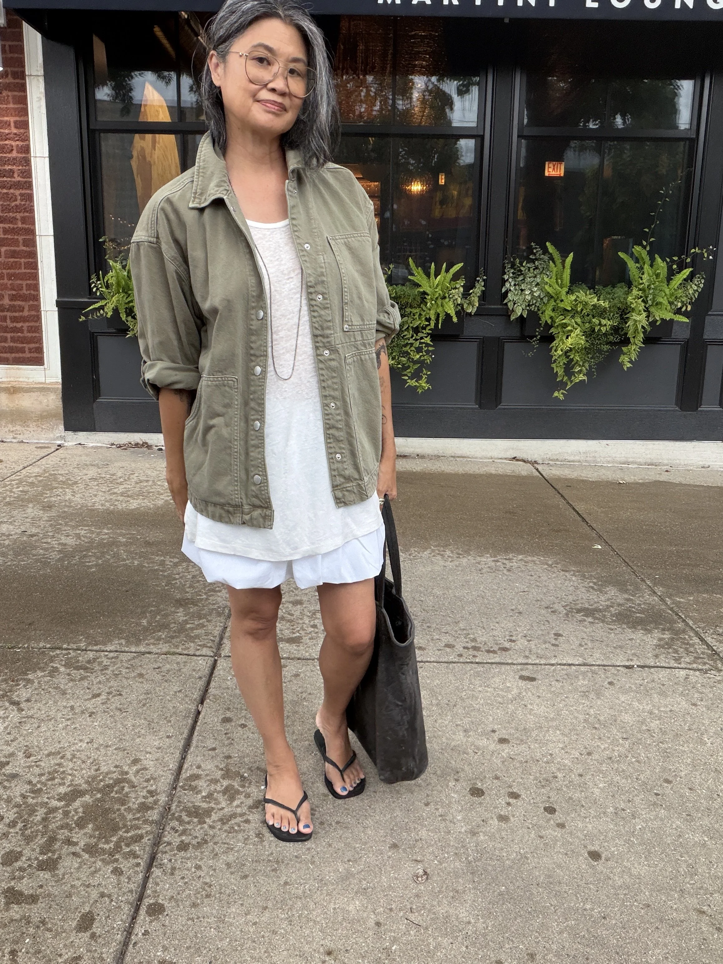 Style Over 50 outfit inspired by a simple formula of a tank, lightweight outer layer, and statement silhouette