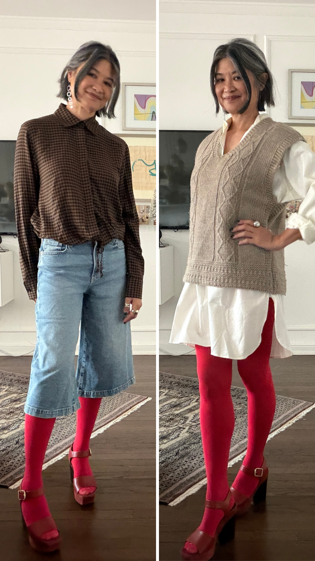 Wearing red tights with a casual neutral outfit for everyday errands