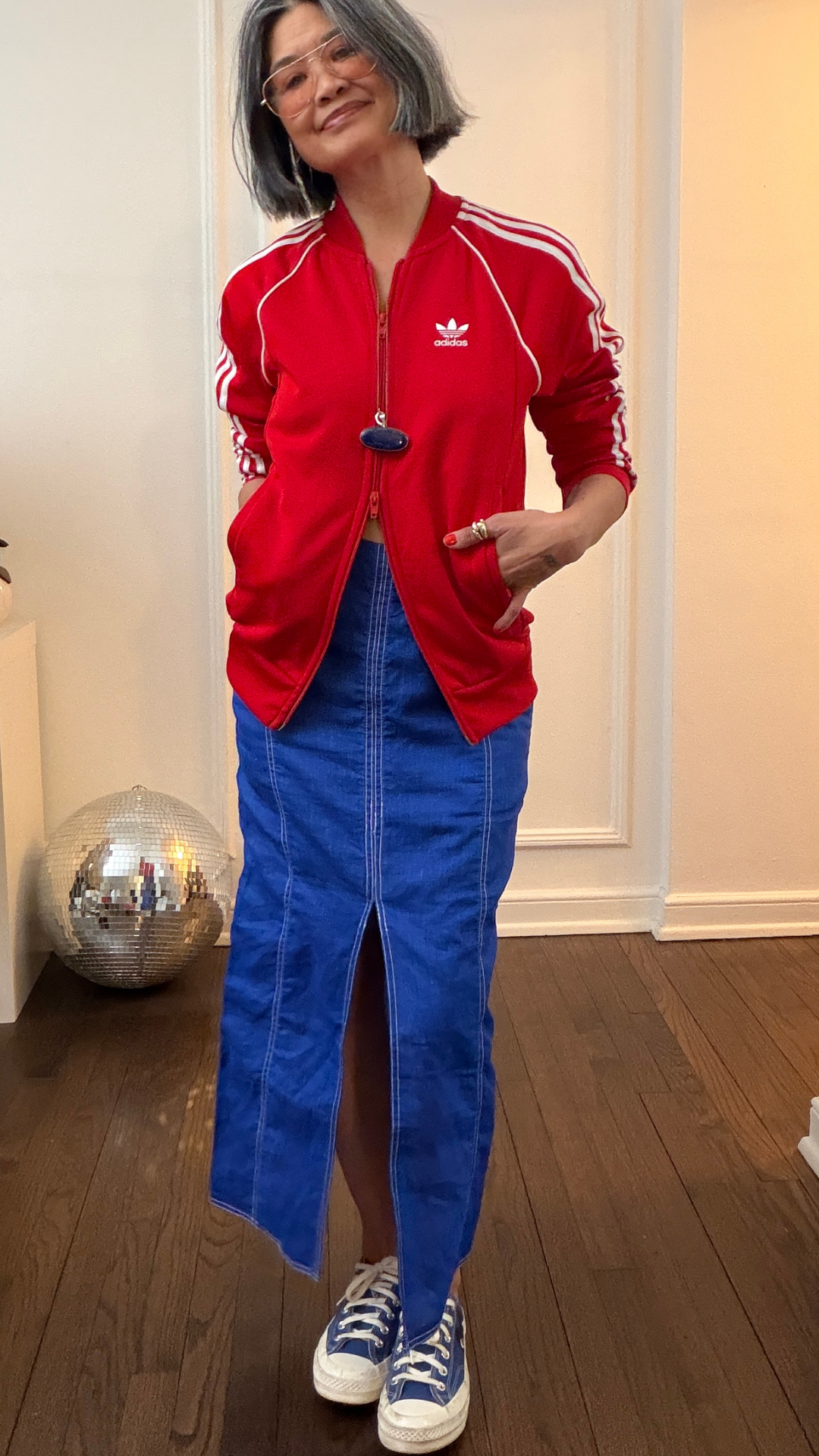 Outfit idea showing color blocking with a bright statement garment