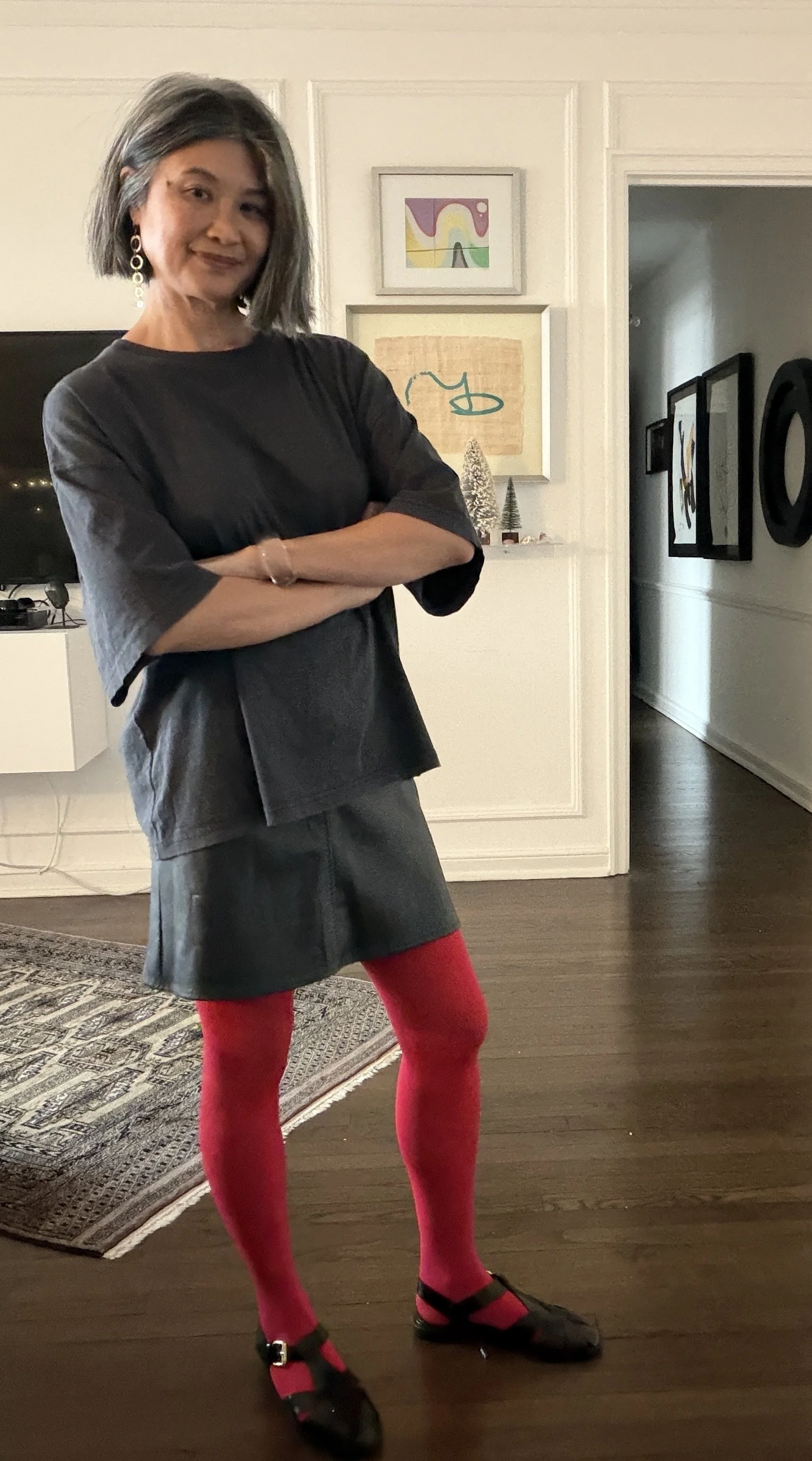 Wearing red tights with a casual neutral outfit for everyday errands