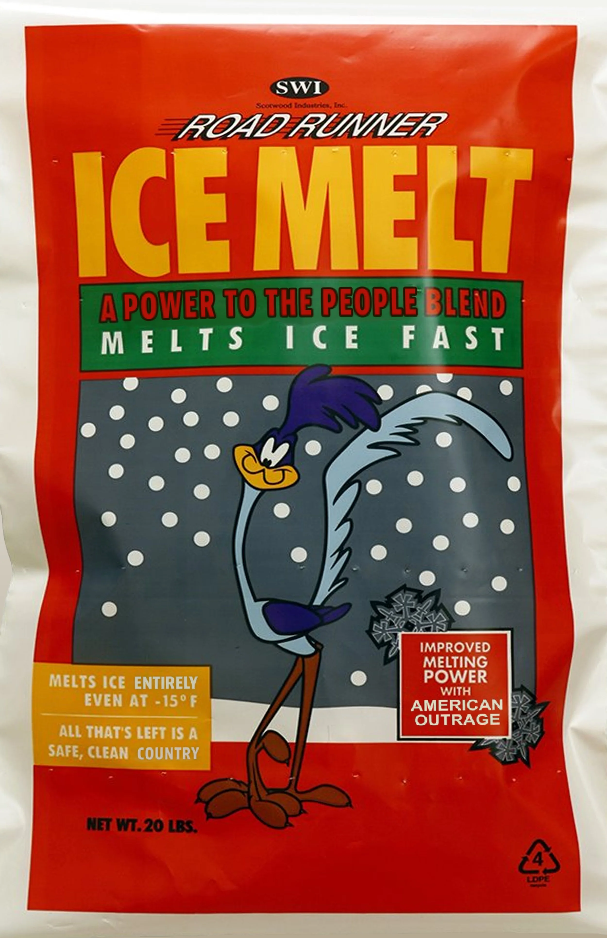 Altered Road Runner Ice Melt packaging. This image is 11"x17" and can be printed on two sheets of copy paper to be made into a sign or poster.