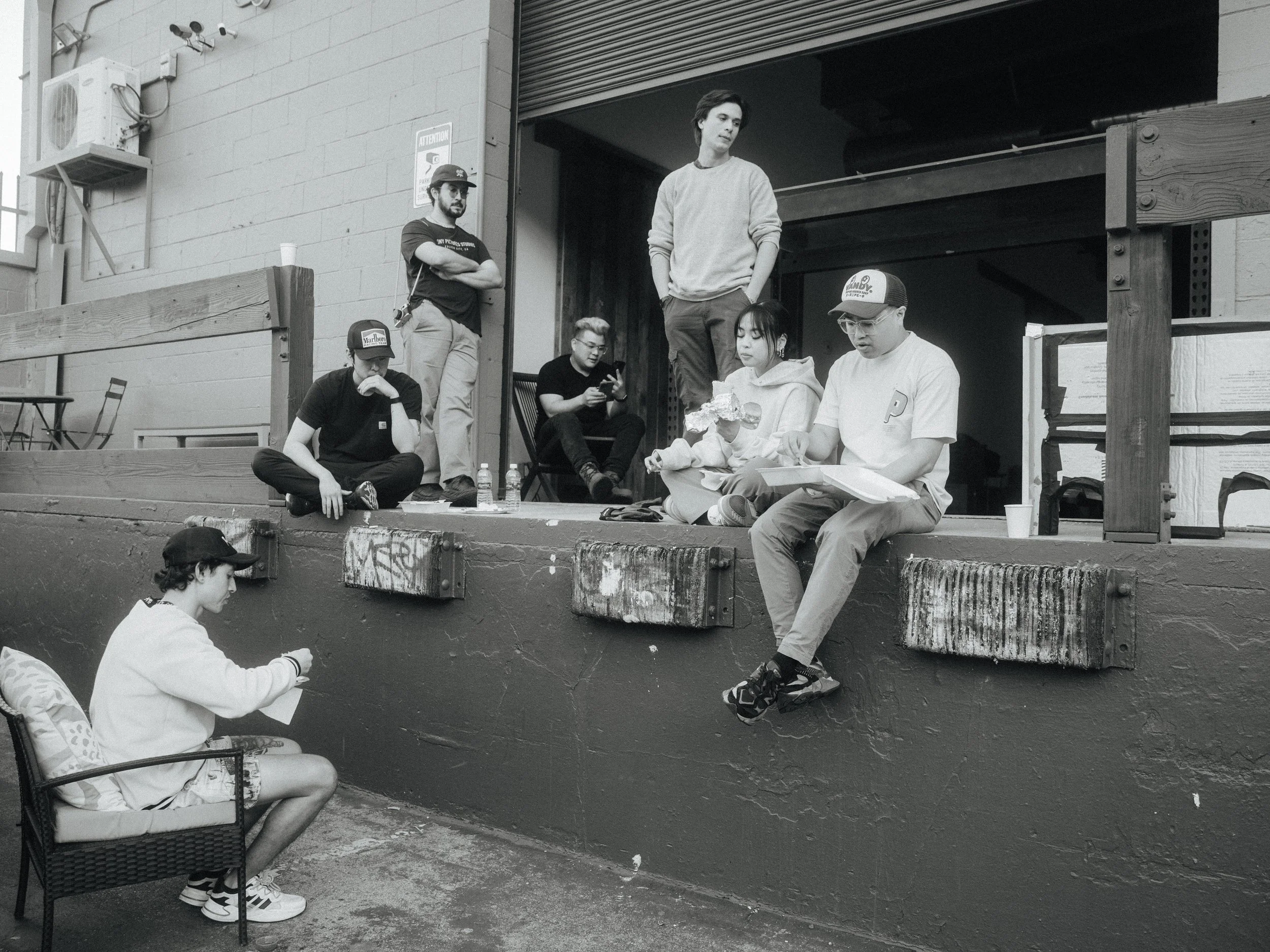 Creative team collaborating outside Hype Studios in Silver Lake before a production shoot.