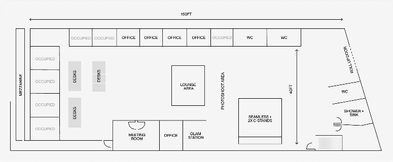 Floor plan layout of a space with designated areas including offices, lounge, photo/video area, shower with sink, WC, and a meeting room. The space features multiple occupied and unoccupied offices, desks, a glam station, and designated entrance points.