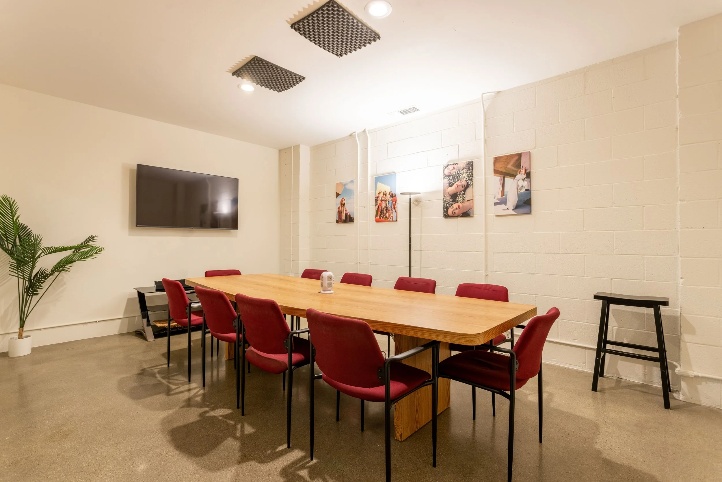 Conference room with a wooden table, red chairs, a wall-mounted TV, decorative plant, acoustic panels on the ceiling, and artwork on the wall.
