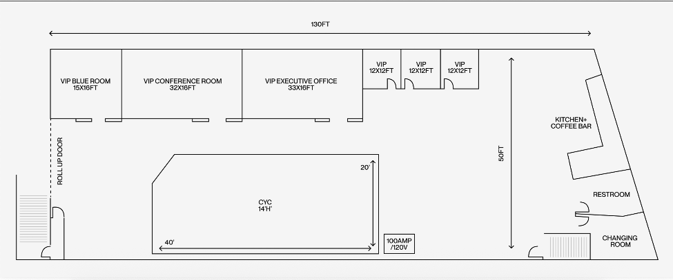 Floor plan of a building with labeled rooms including VIP Blue Room, VIP Conference Room, VIP Executive Office, multiple VIP restrooms, kitchen with coffee bar, restroom, changing room, and a large central area labeled CVC.