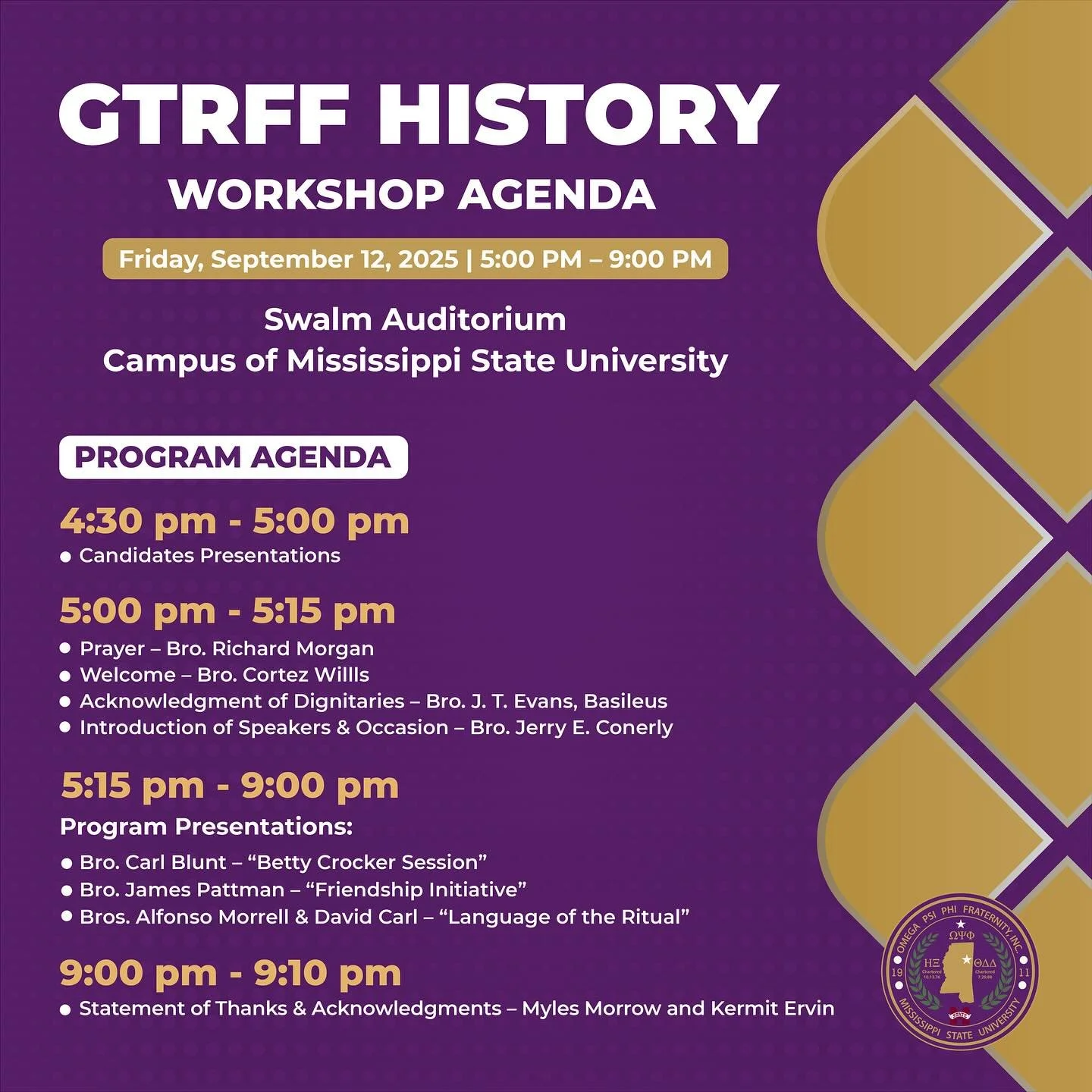 📚✨ Join us for the GTRFF History Workshop at Mississippi State University!

🗓 Friday, September 12, 2025
🕔 5:00 PM &ndash; 9:00 PM
📍 Swalm Auditorium

Don&rsquo;t miss this chance to learn, connect, and celebrate our rich history! 💜💛