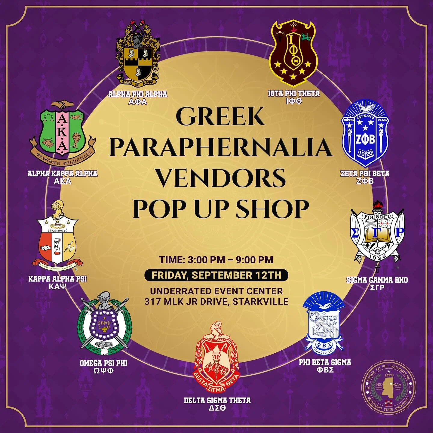 Pull up and shop with your favorite vendors this Friday, September 12th at the Underrated Event Center in Starkville!

🕒 3:00 PM &ndash; 9:00 PM
📍 317 MLK Jr Drive, Starkville

Come grab your Greek gear and support vendors representing the Divine N