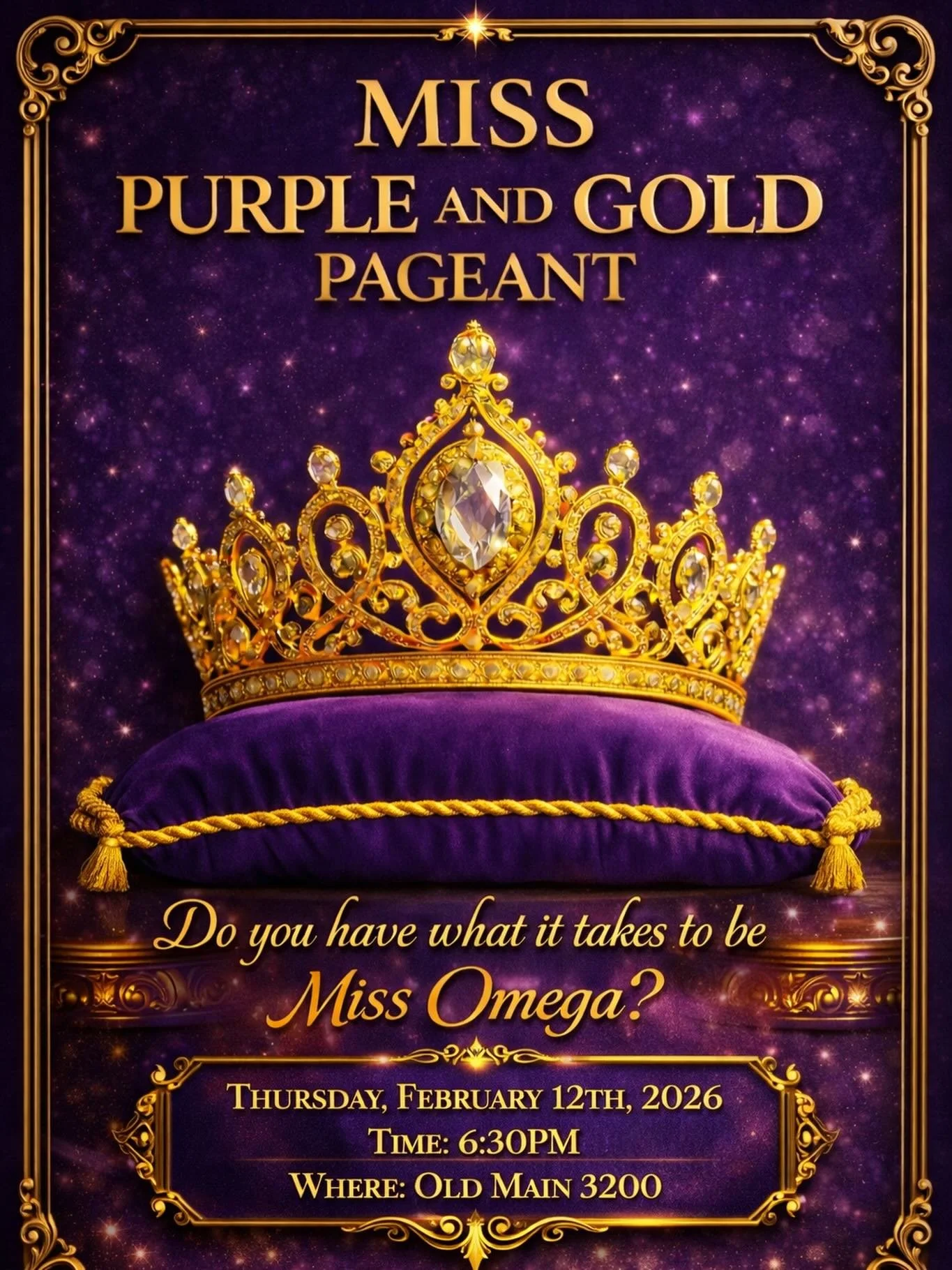 Do you have what it takes to be Miss Omega? Come to our Miss Purple and Gold interest meeting. Applications are now open and in bio! (Interest meeting is optional).

Flyer by: @paytontakespics_