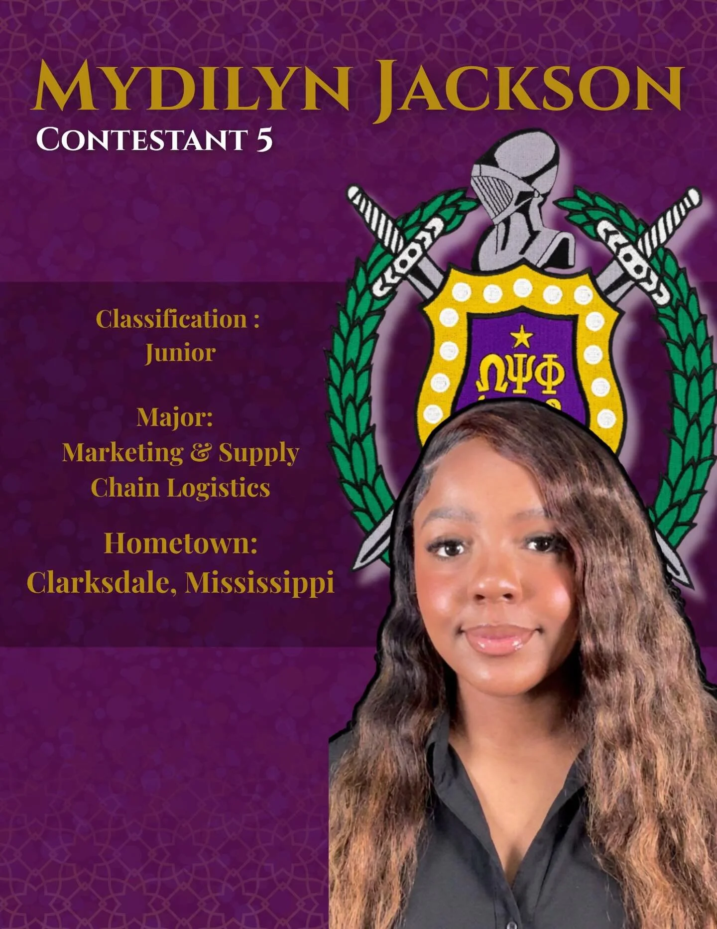 Meet Mydilyn Jackson a Junior from Clarksdale, Mississippi majoring in Marketing &amp; Supply Chain Logistics

&ldquo;I believe when you move with purpose and lead with heart, everything meant for you will align. I decided to enter the Miss Purple an
