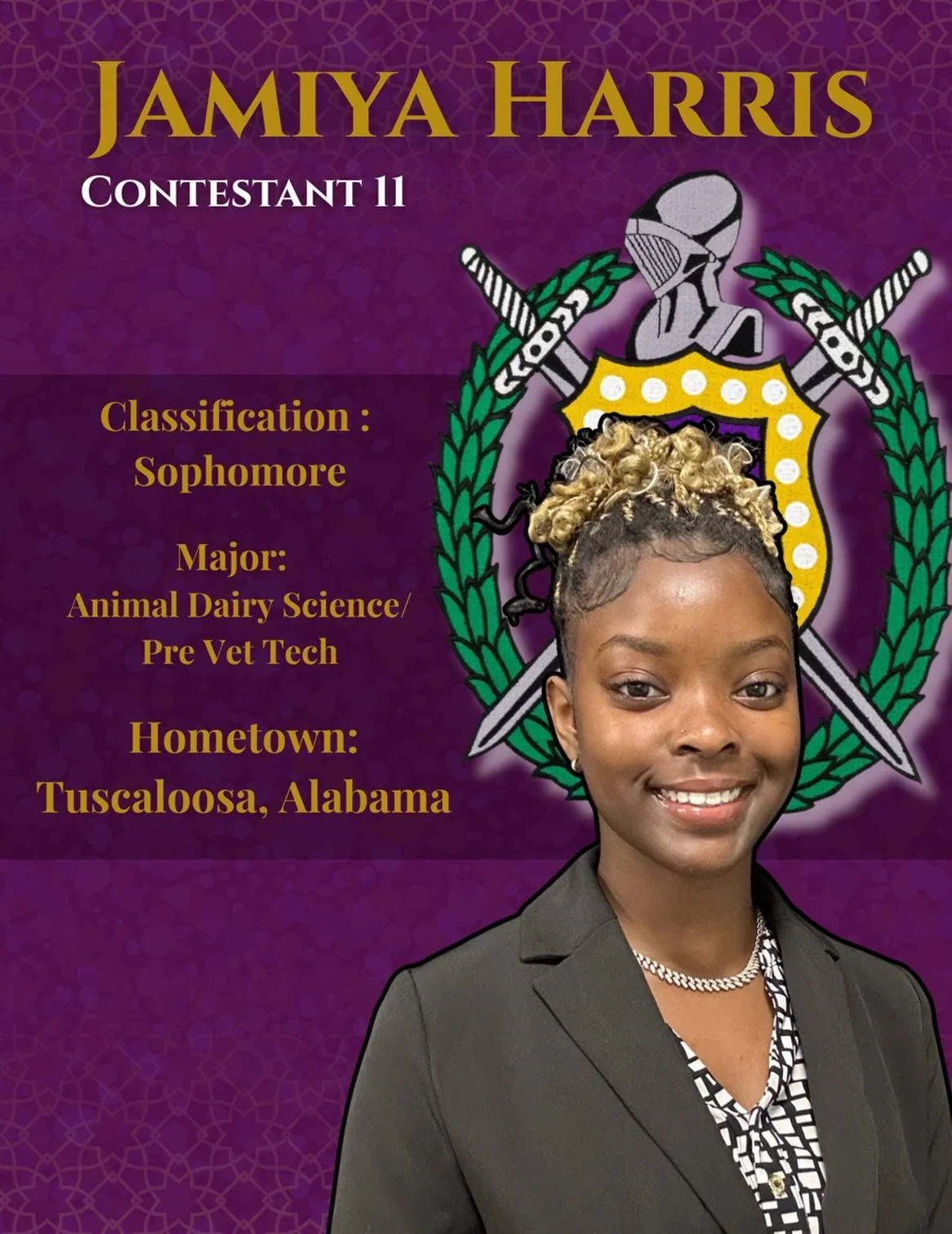 Meet Jamiya Harris, a Sophomore from Tuscaloosa, Alabama
majoring in Animal Diary Science/ Pre Vet Tech

&ldquo;I chose to join the Miss Purple and Gold Pageant because I wanted to prove to myself that I am bigger than my mind&rsquo;s limitation as w