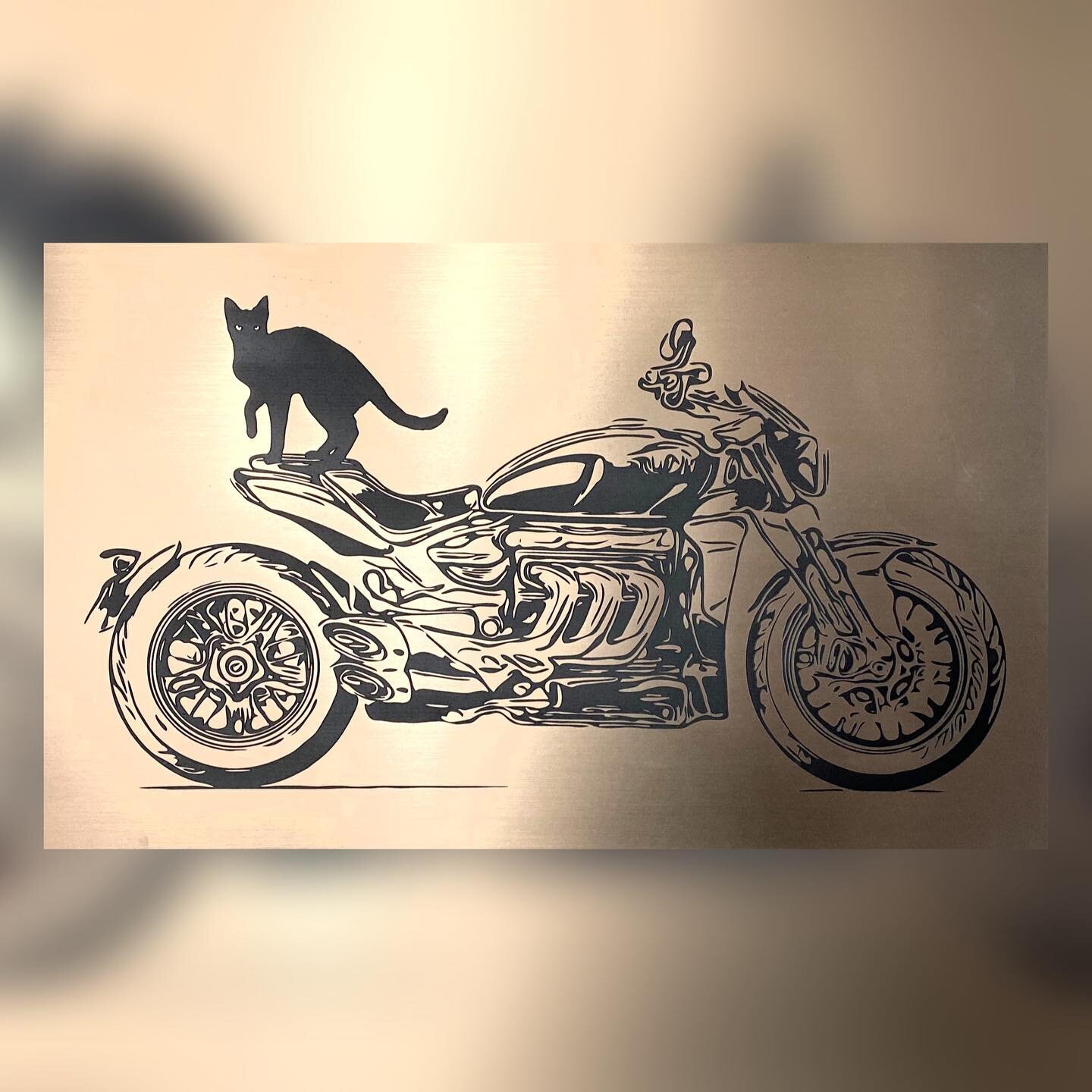 Looking for a unique way to celebrate your passion?
This client requested a simple plaque with a Triumph Rocket 3, and wanted to include his cat Rocket as well!
Our in-house designers whipped this up in a flash, and the client was stunned with the ou
