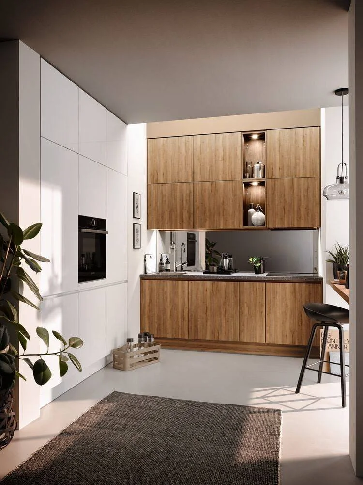 Small efficient kitchen space in white and wood