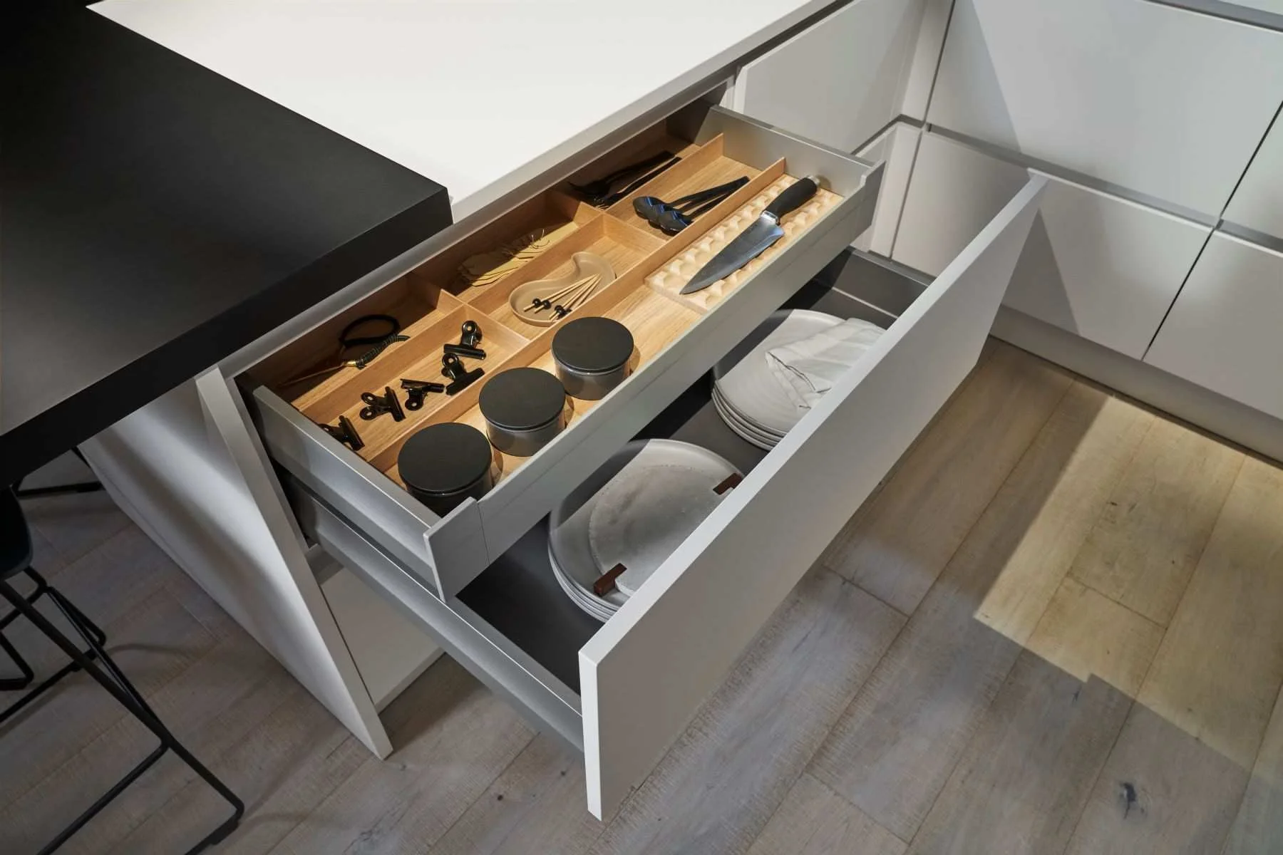 Kitchen drawers organized with inserts