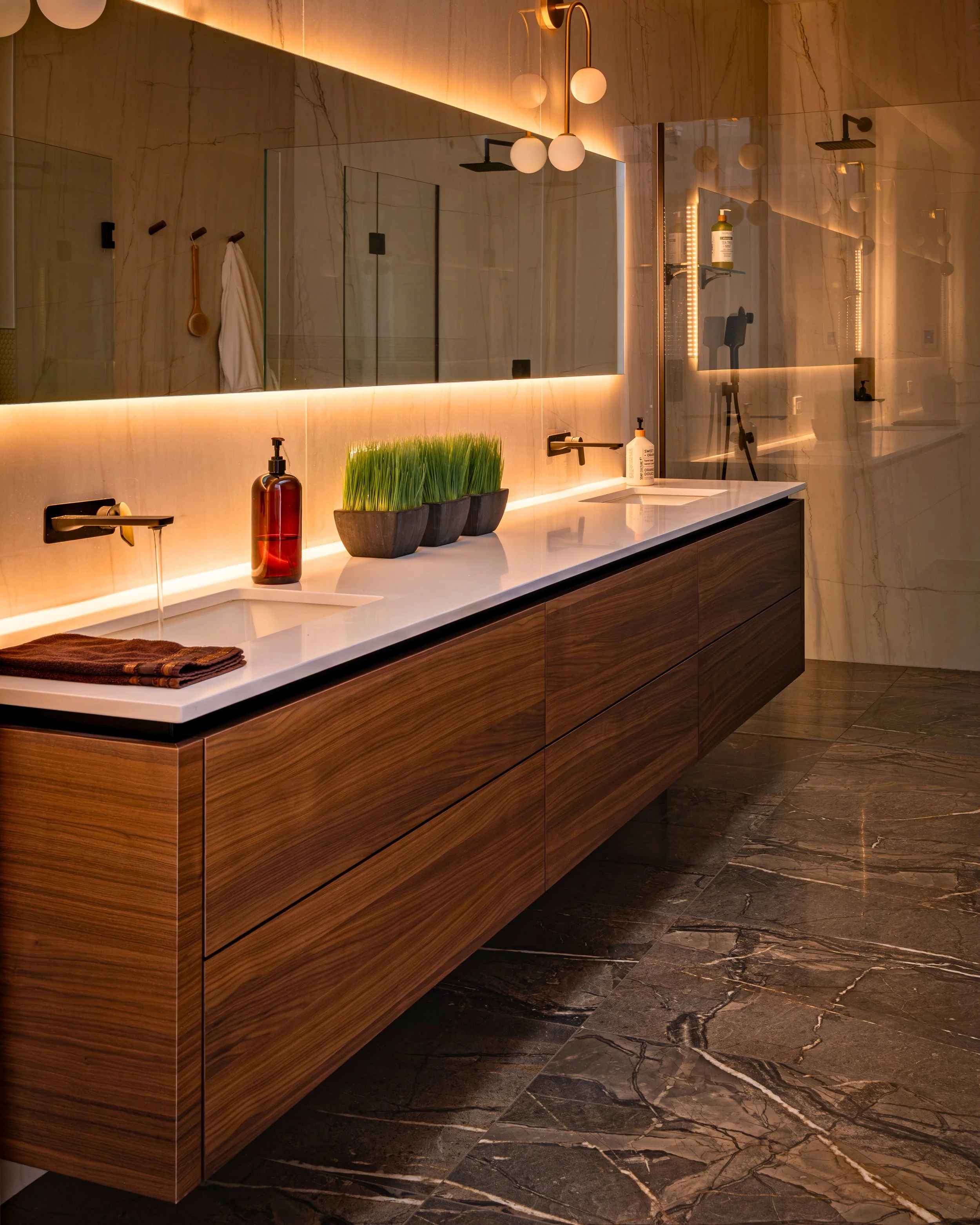 handleless bathroom vanity in walnut