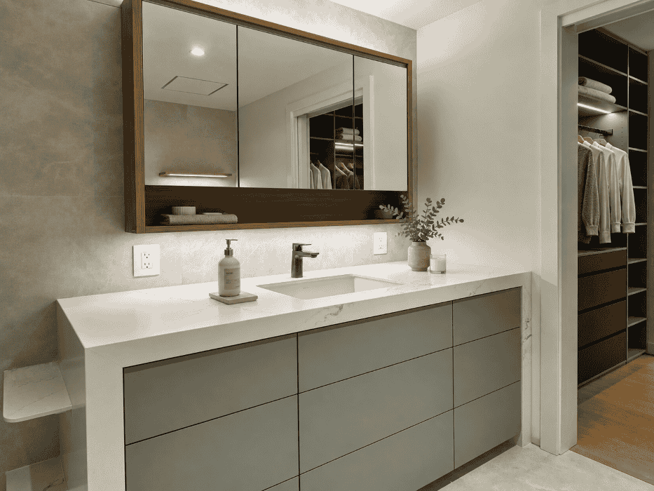 Built-in vanity with waterfall countertop and wood colour medicine cabinet