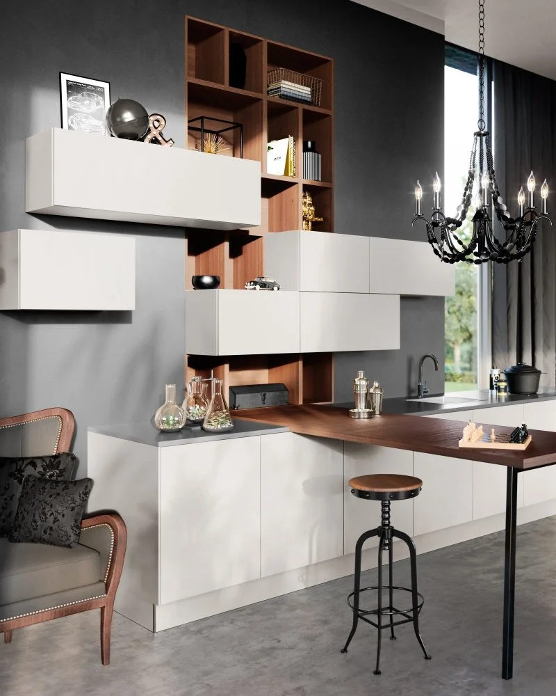 Built-in storage with floating white cabinets and walnut open shelving