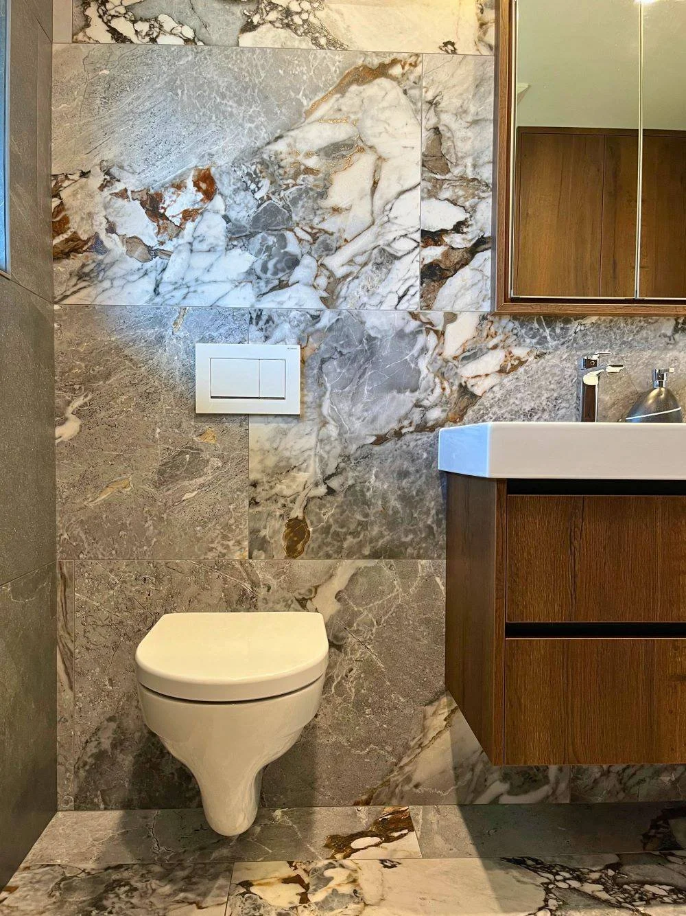 Wall hung toilet beside modern vanity