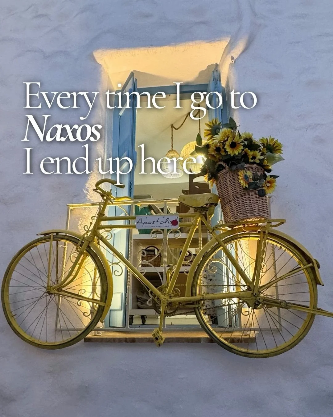Save this for your Naxos trip.🇬🇷

Every time I go to Naxos I end up here. 

Apostolis is busy, loud and full of energy and yes, you will find tourists photographing the pretty lampshades. I get it. They are beautiful. But I am not here for the lamp