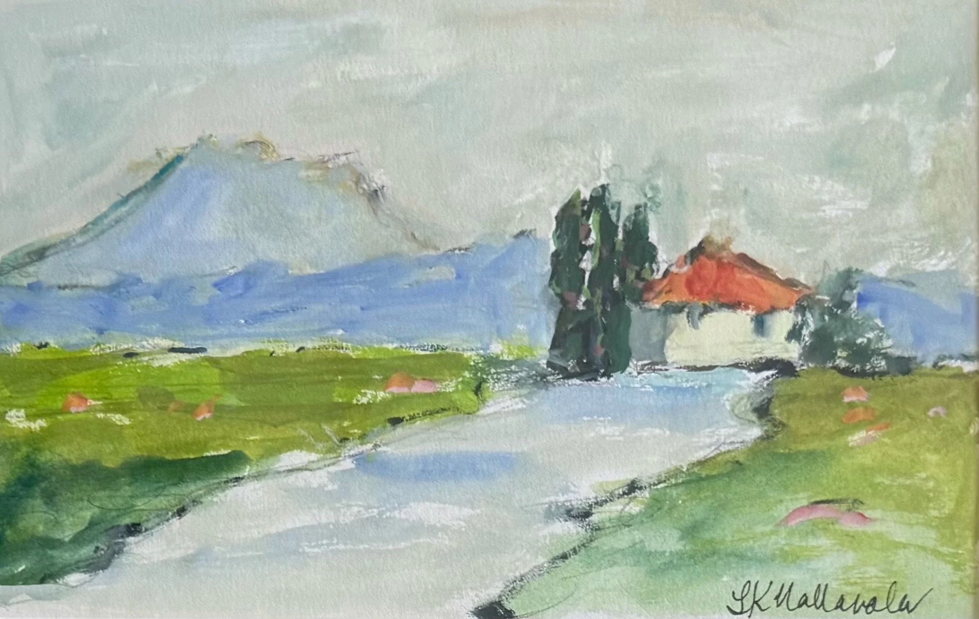 “Lift Up My Eyes” Mont Sainte-Victoire, Provence, France / 4.5x7.25 inch gouache in a 15.5x18.5 inch gold frame / $290