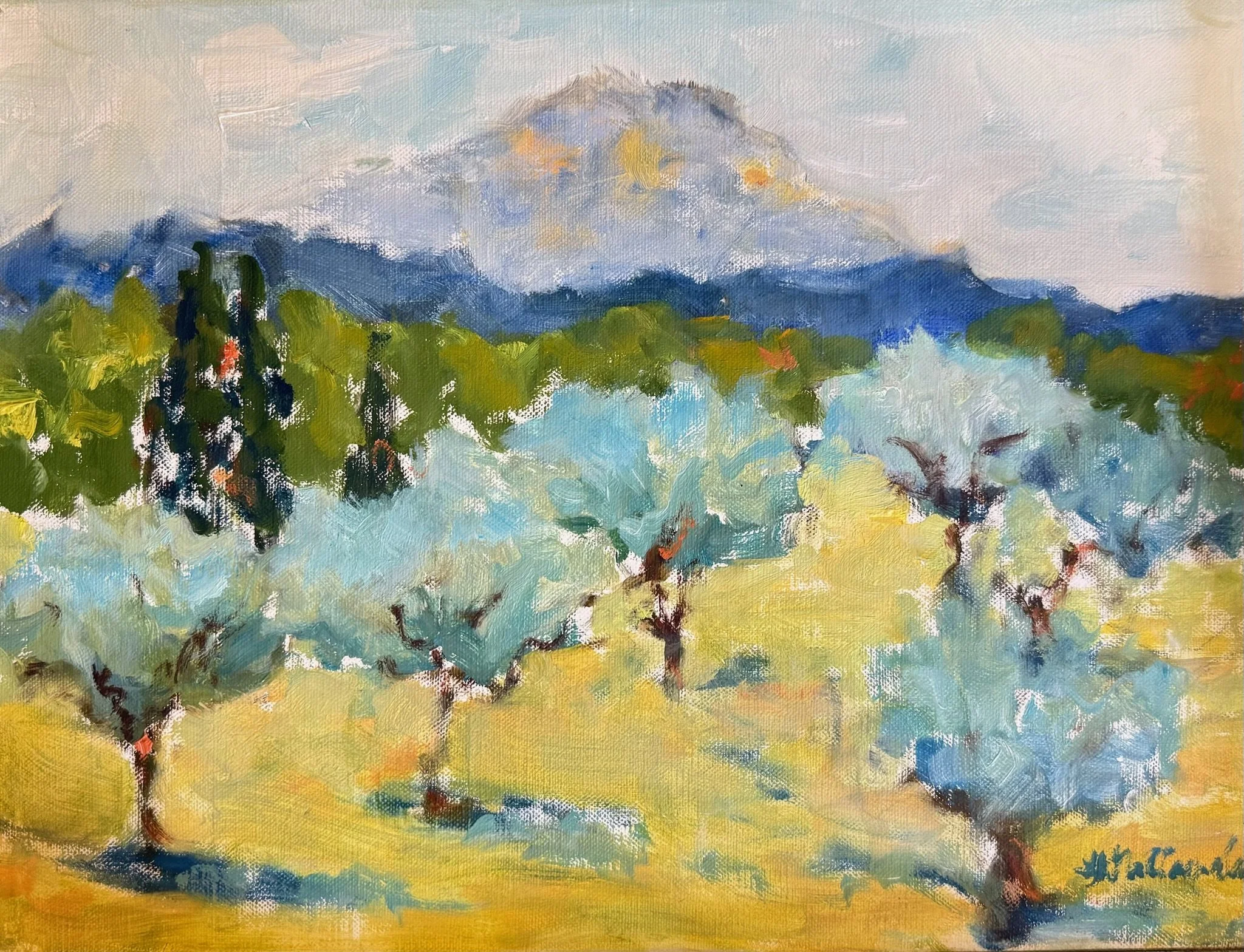 “Before the Mountain” Mount Sainte-Victoire, Provence, France / 12x16 oil in a 17.35x 21.35 inch gray frame / $325