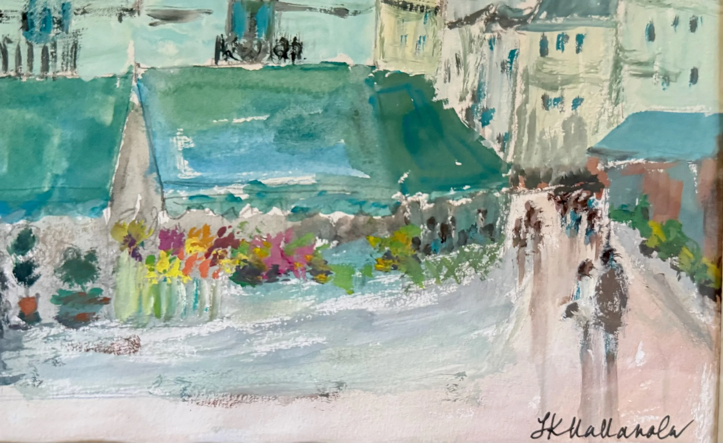 “Bustling Grace” Markets, Paris, France / 
4.5x7.25 inch gouache in a 15.5x18.5 inch gold frame / $290