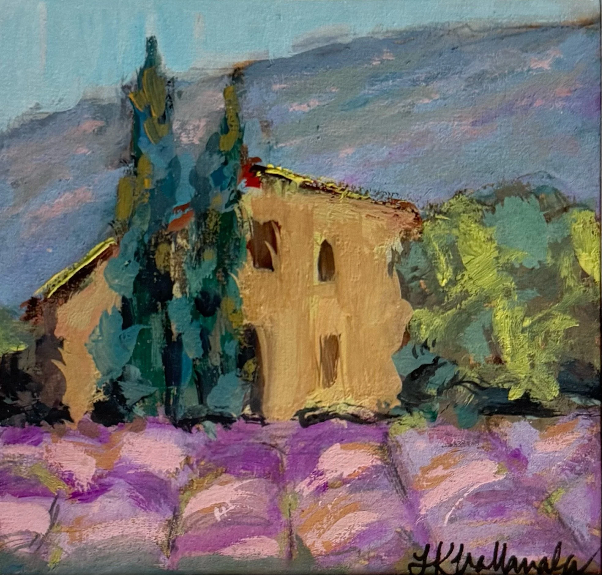 “Lavender Fields” Luberon, France / 3.25x3.25 inch gouache in a 15.5x18.5 inch gold frame / $215