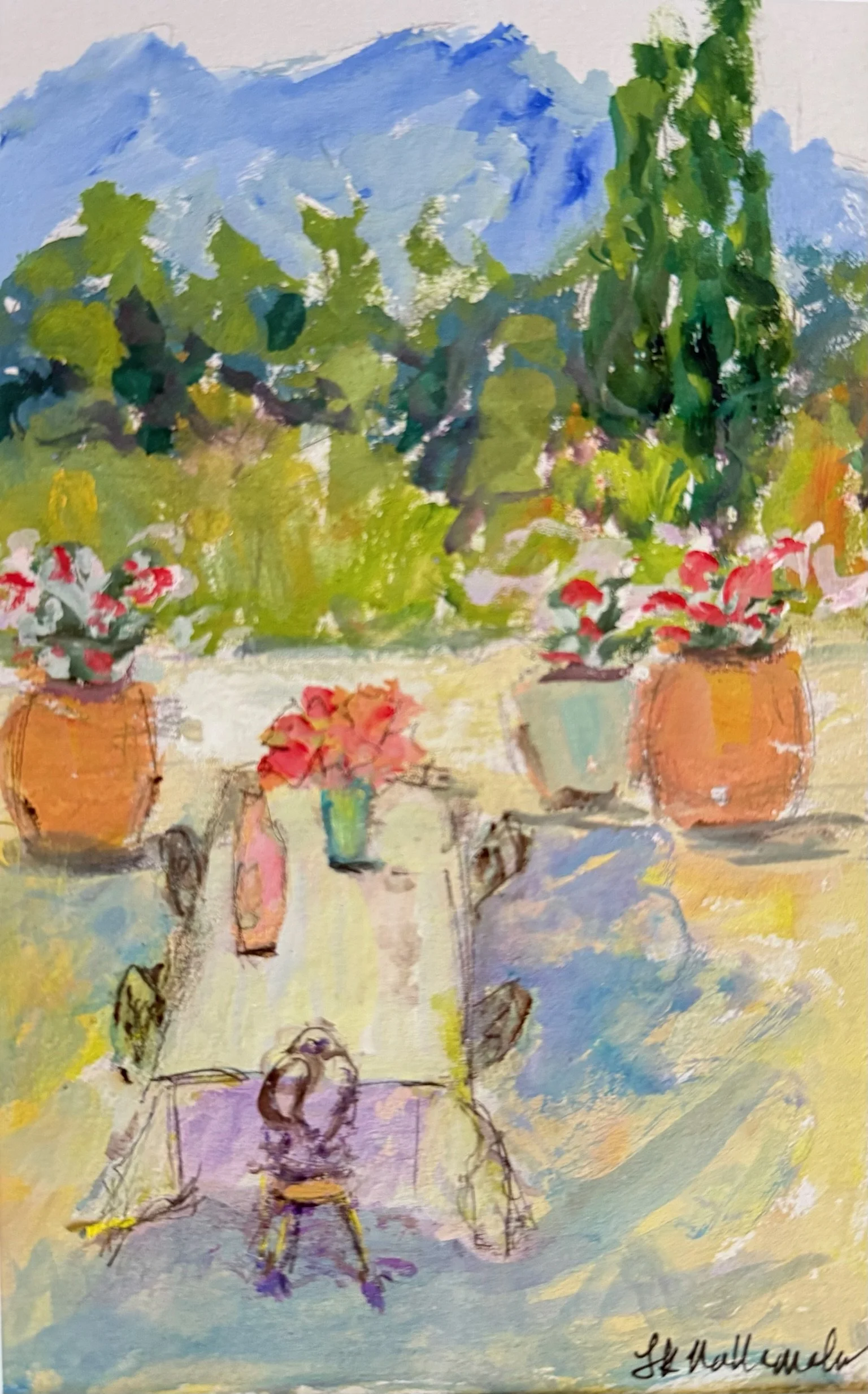 “A Table Prepared” Terrace in Aix-en-Provence, France / 4.5x7.25 inch gouache in a 15.5x18.5 inch gold frame / $290