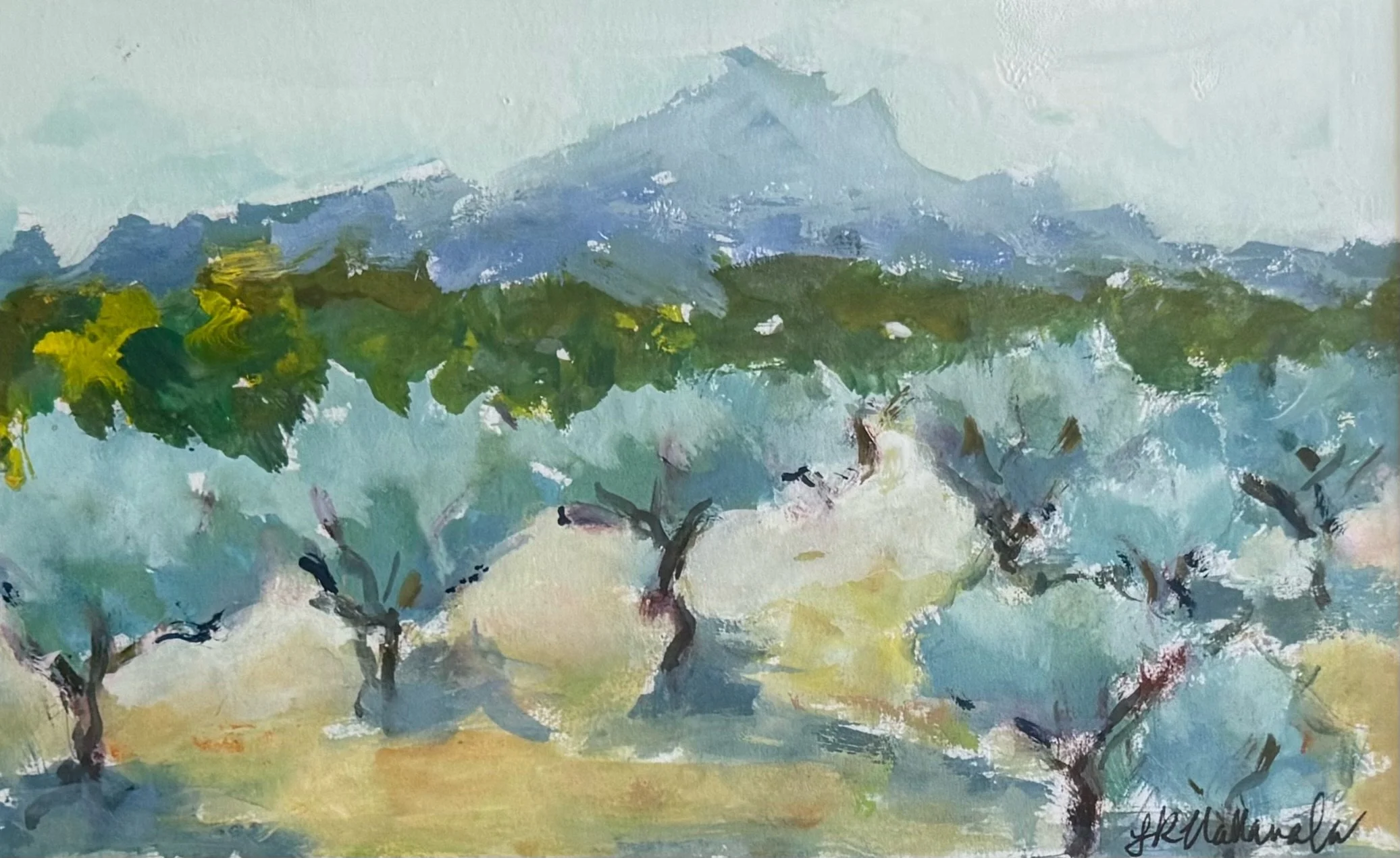 “Dancing in the Evening Light” Olive Groves at Sunset at Mont Sainte-Victoire, Provence, France / 4.5x7.25 inch gouache in a 15.5x18.5 inch gold frame / $290