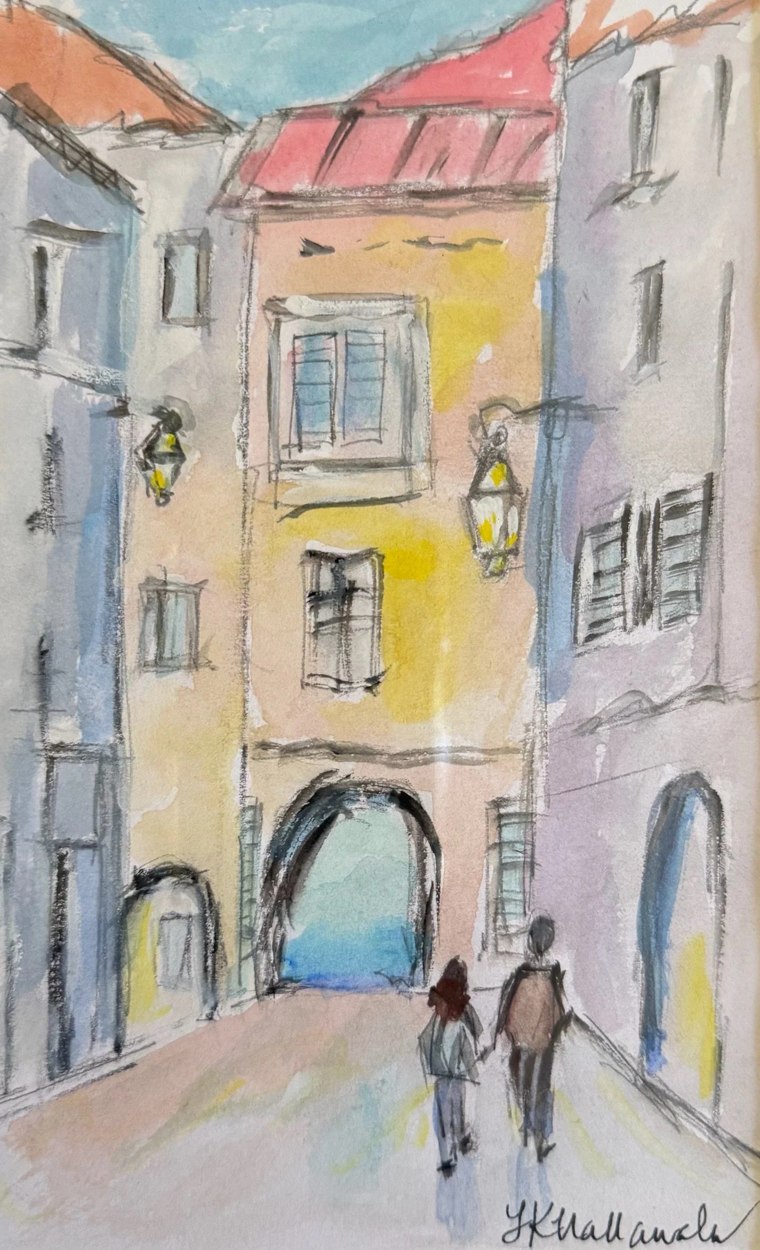 “Walking in the Light” Alleys of Saint Tropez, French Riviera, France / 4.5x7.25 inch gouache in a 15.5x18.5 inch gold frame / $290
