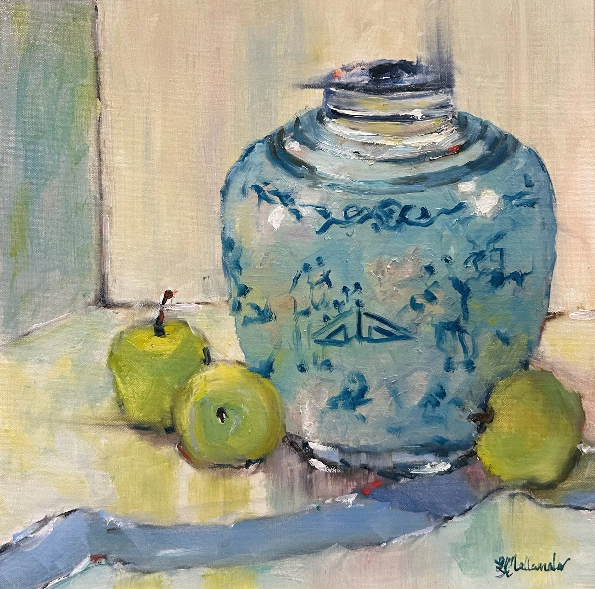 “Filled with Good Things” 20x20 oil in gold floater frame / Purchased