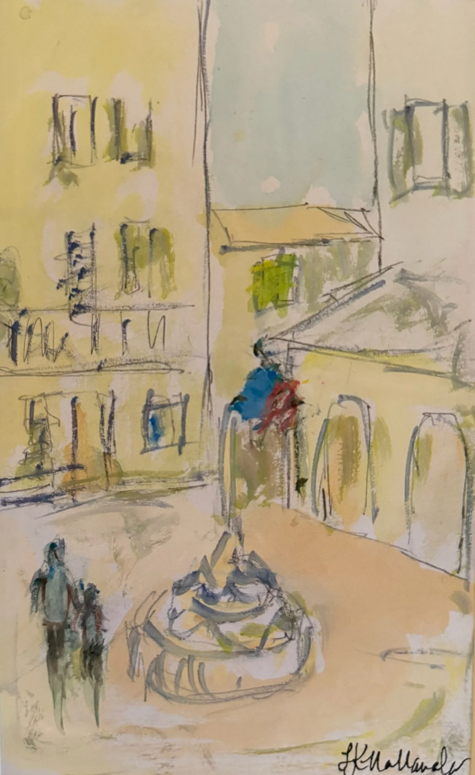 “The Fountain of Blessing” Saint Paul De Vence, France / 4.5x7.25 inch gouache in a 15.5x18.5 inch gold frame / Sold