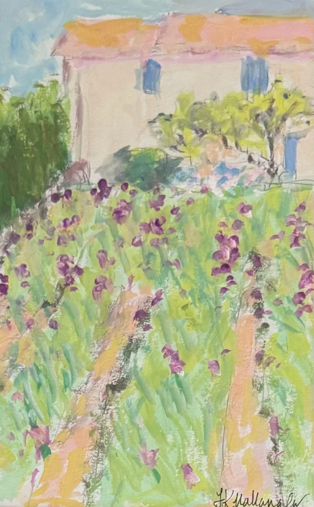“Iris Fields”  Saint-Paul-de-Mausole (Asylum of Van Gogh), Saint-Rémy-de-Provence, France / 4.5x7.25 inch gouache in a 15.5x18.5 inch gold frame / $290