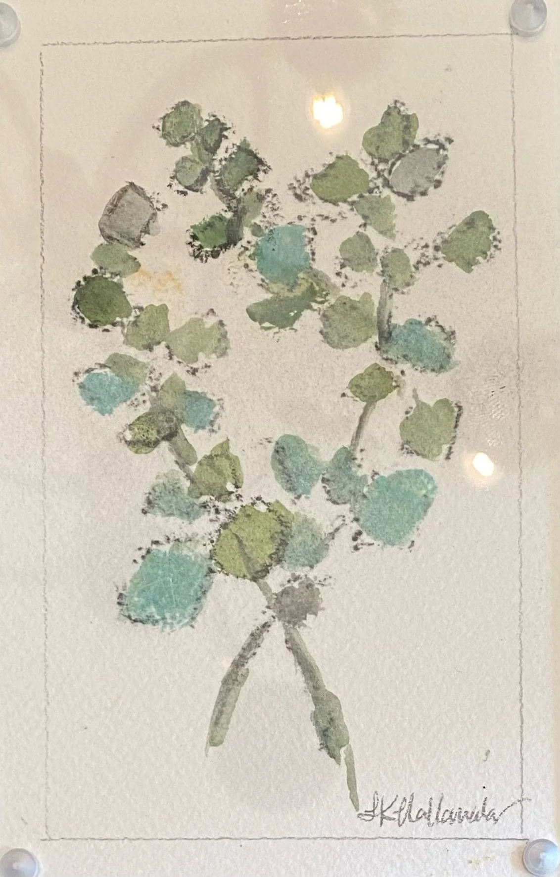 "Eucalyptus" 4x6 acrylic on paper in acrylic frame / Purchased