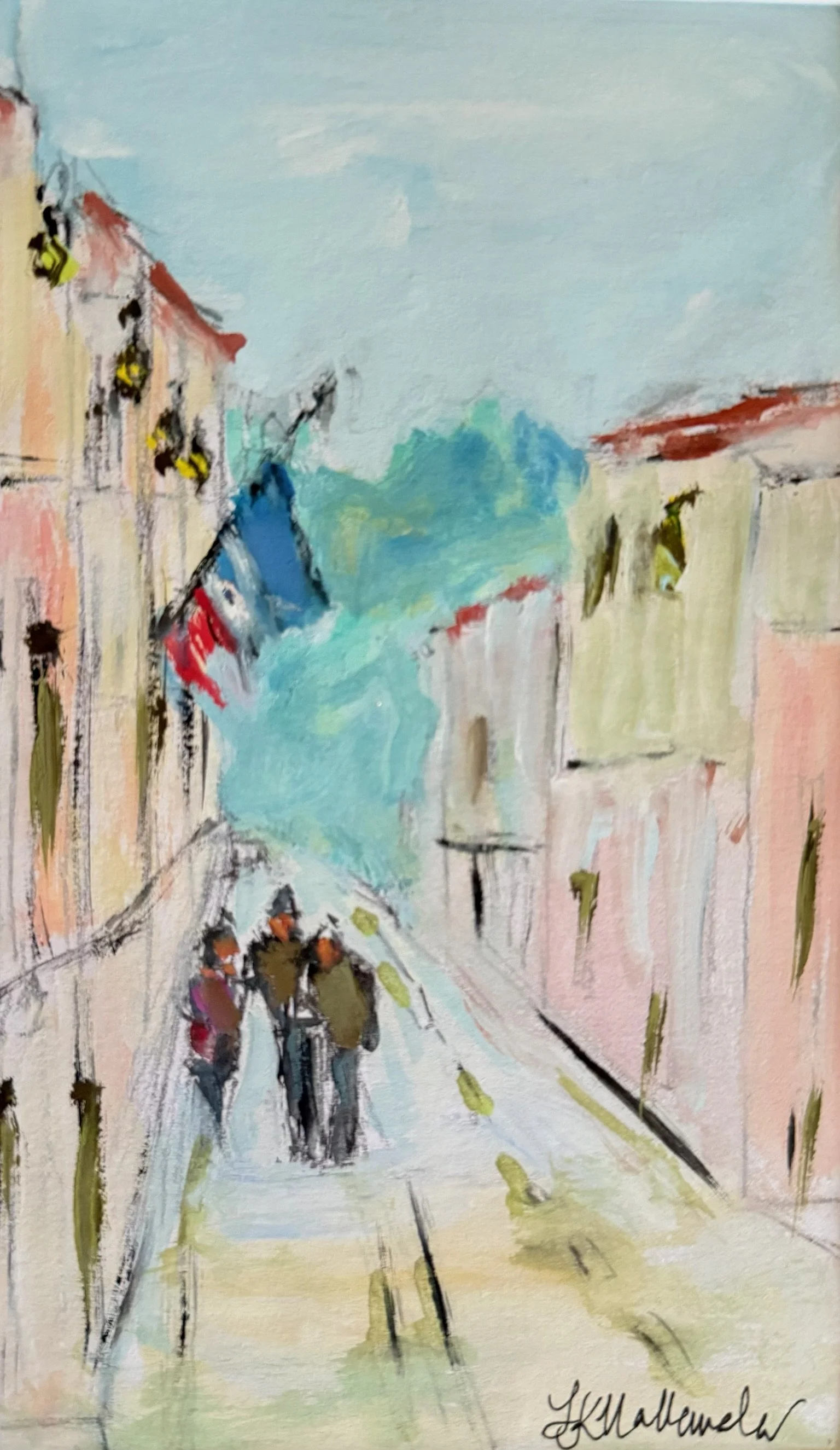 “The Gathering Place” Aix-en-Provence / 4.5x7.5 inch gouache in a 15.5x18.5 inch gold frame / Sold