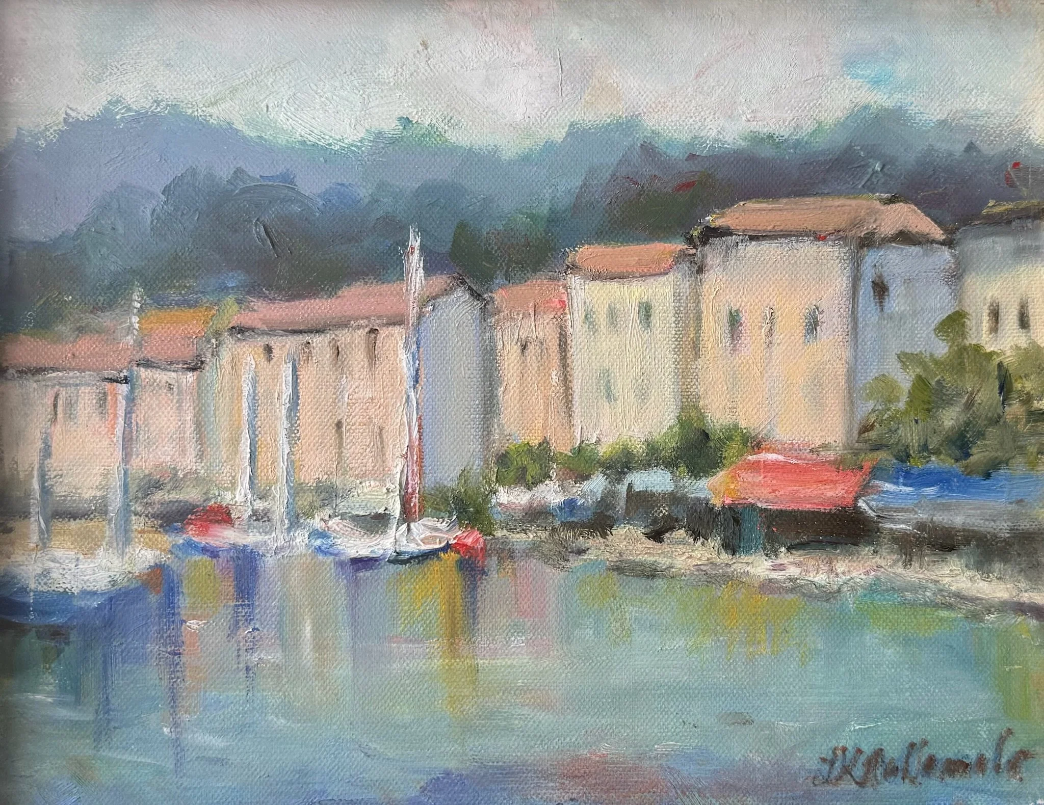“Beside the Quiet Waters” Harbor, Cassis, France / 8x10 oil in a 13x15 inch gold frame / $230