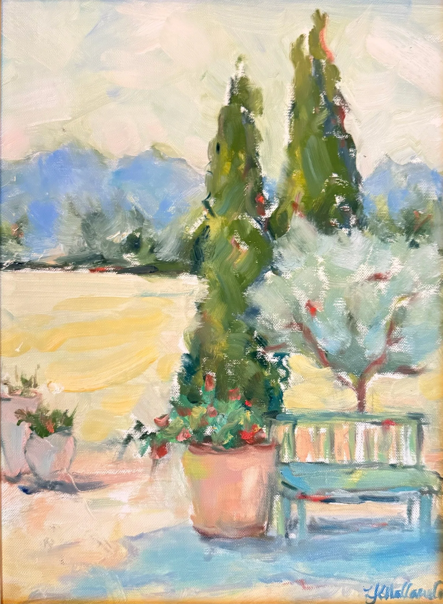 “The Horizon of Grace” Terrace View from Ruffato Estate, Aix-en-Provence, France / 12x16 inch oil in a 17x21 inch gold frame / $325