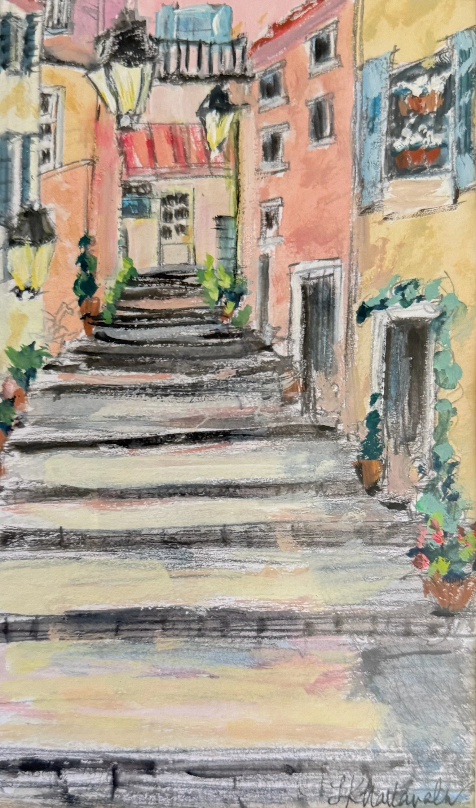 “The Ascent” Boutiques of Saint Tropez, French Riviera, France / 4.5x7.5 inch gouache in a 15.5x18.5 inch gold frame / $290