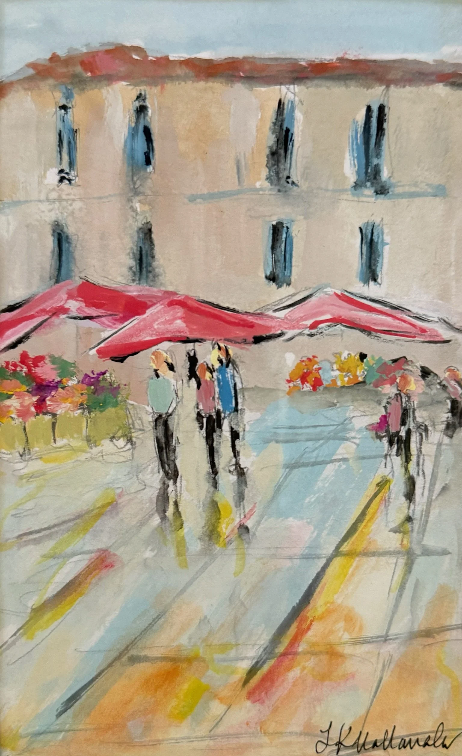 “Your Coming and Going” Marketplace in Aix-en-Provence /  4.5x7.5 in gouache in 15.5x18.5 in gold frame / $290