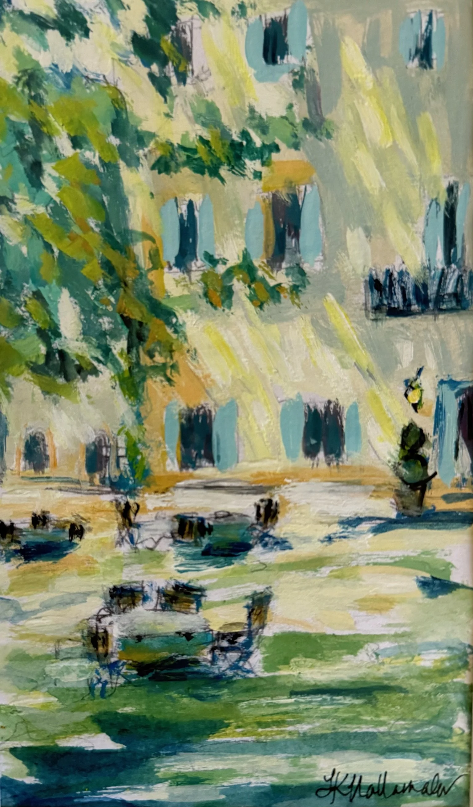 “The Canopy of Light” Aix-en-Provence, France / 4.5x7.35 inch gouache in a 15.5x18.5 inch gold frame / $290