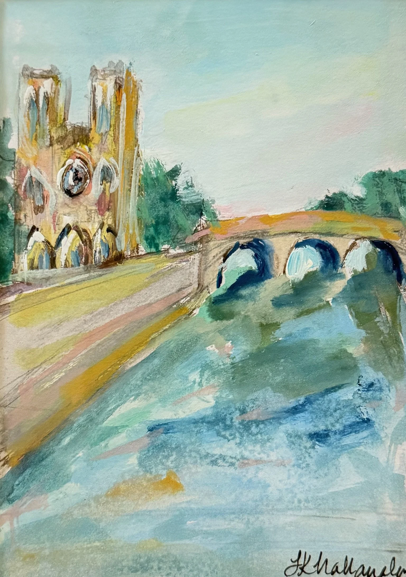 “Joy of the City” Notre Dame, Paris, France / 4.25x6 inch gouache in a 15.5x18.5 inch gold frame / $290