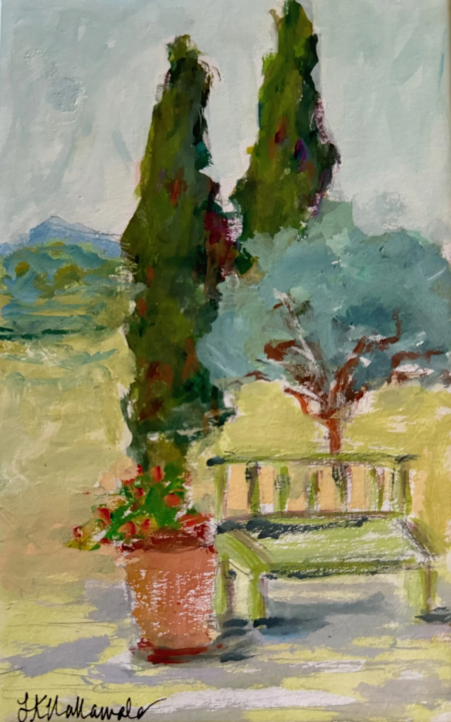 “Under the Cypresses” Terrace in Aix-en-Provence, France / 4.5x7.25 inch gouache in a 15.5x18.5 inch gold frame / $290