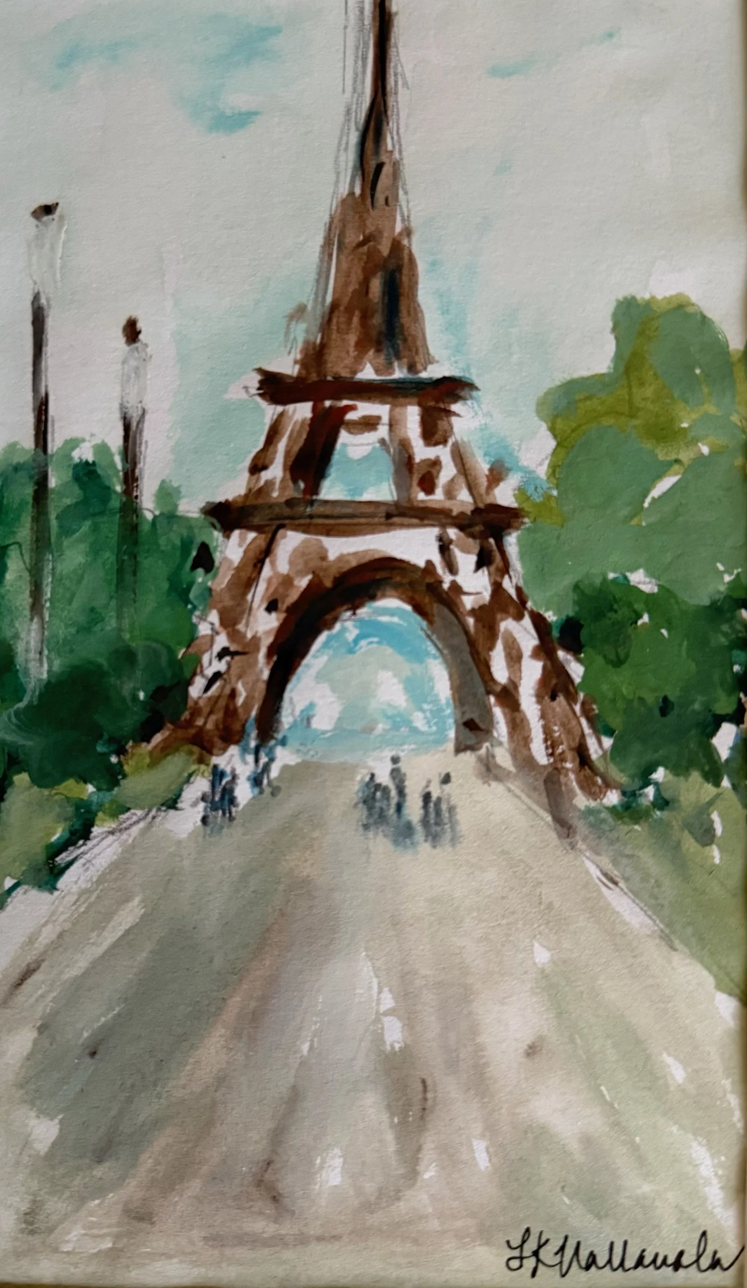 “Tower of Light” Eiffel Tower, Paris, France / 4.5x7.5 inch gouache in a 15.5x18.5 inch gold frame / Sold