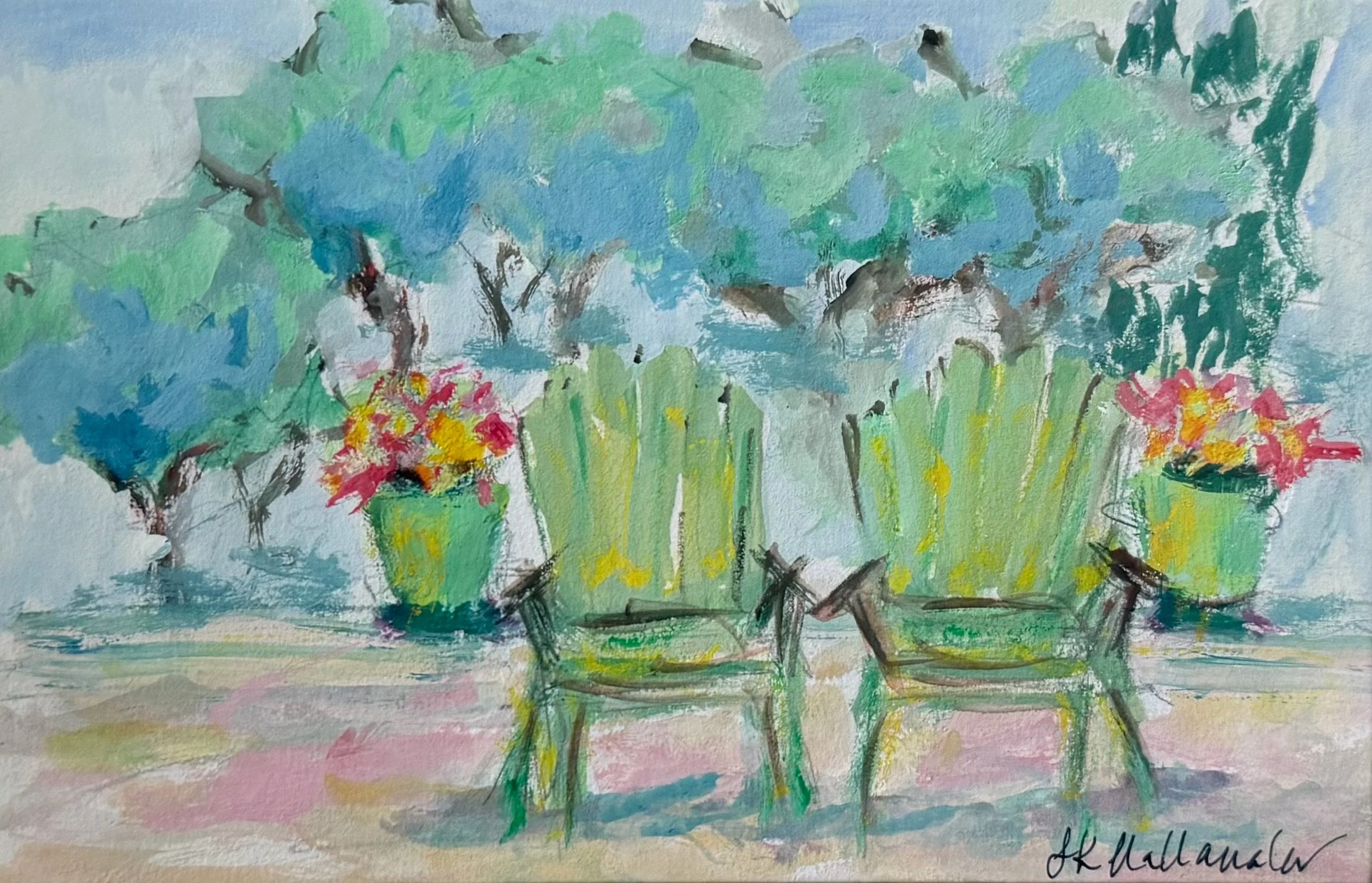 “Guiding Light” Chairs on Terrace of Ruffato Estate, Aix-en-Provence, France / 4.5x7.25 inch gouache in a 15.5x18.5 inch gold frame/ $290